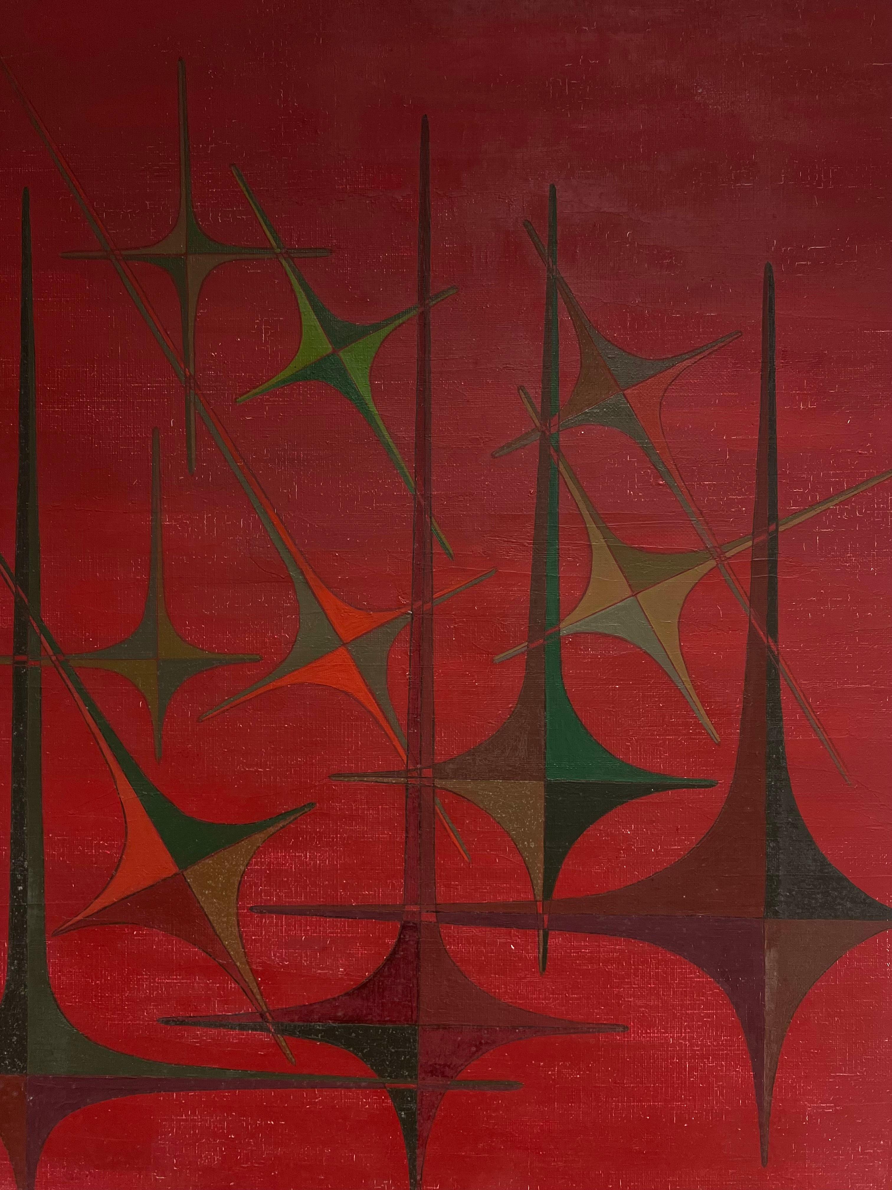 Pittura ad olio di composizione astratta geometrica del XX secolo in Francia, colori rossi in vendita 1