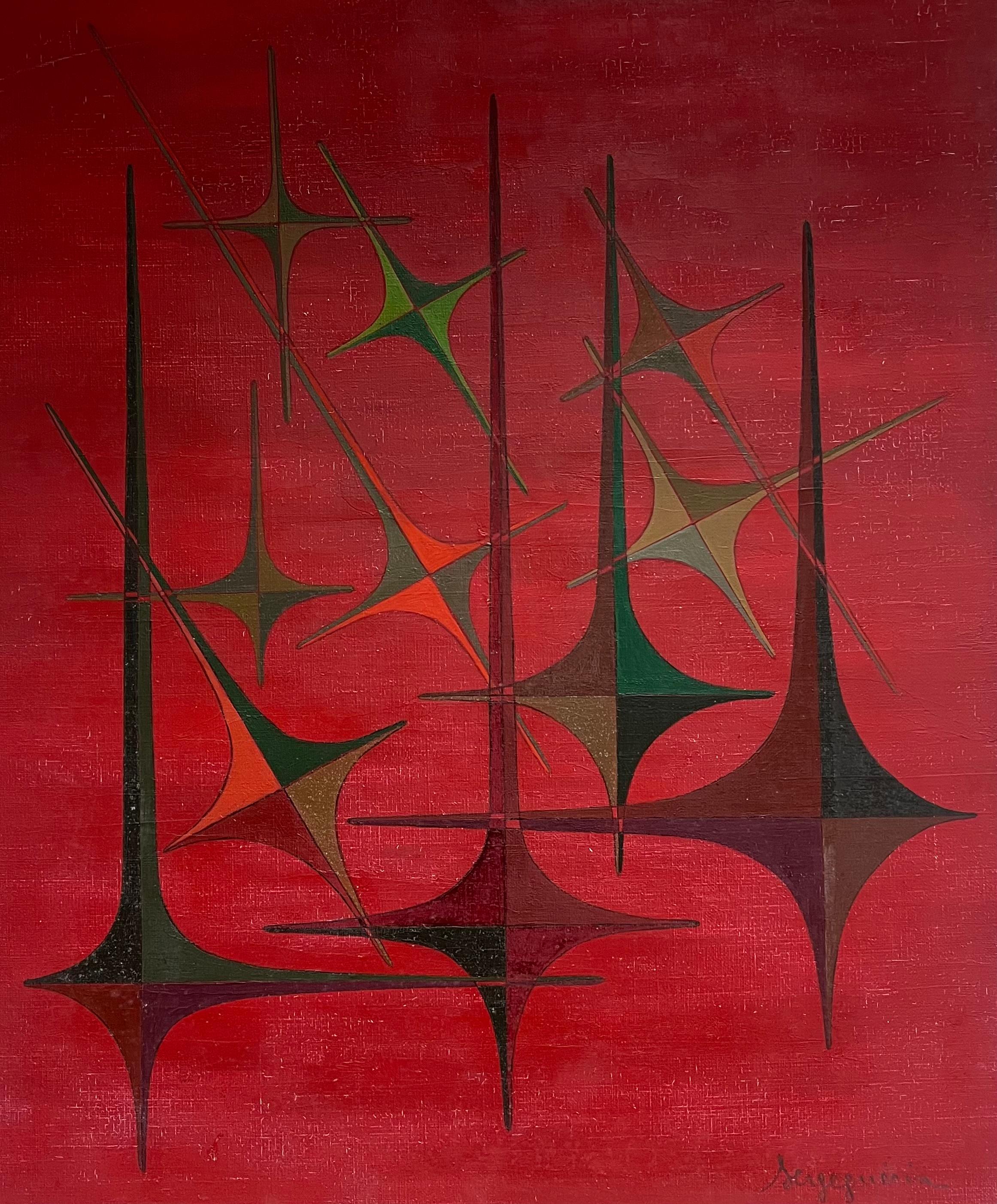Abstract Painting di Serge Guerin (1916) - Pittura ad olio di composizione astratta geometrica del XX secolo in Francia, colori rossi