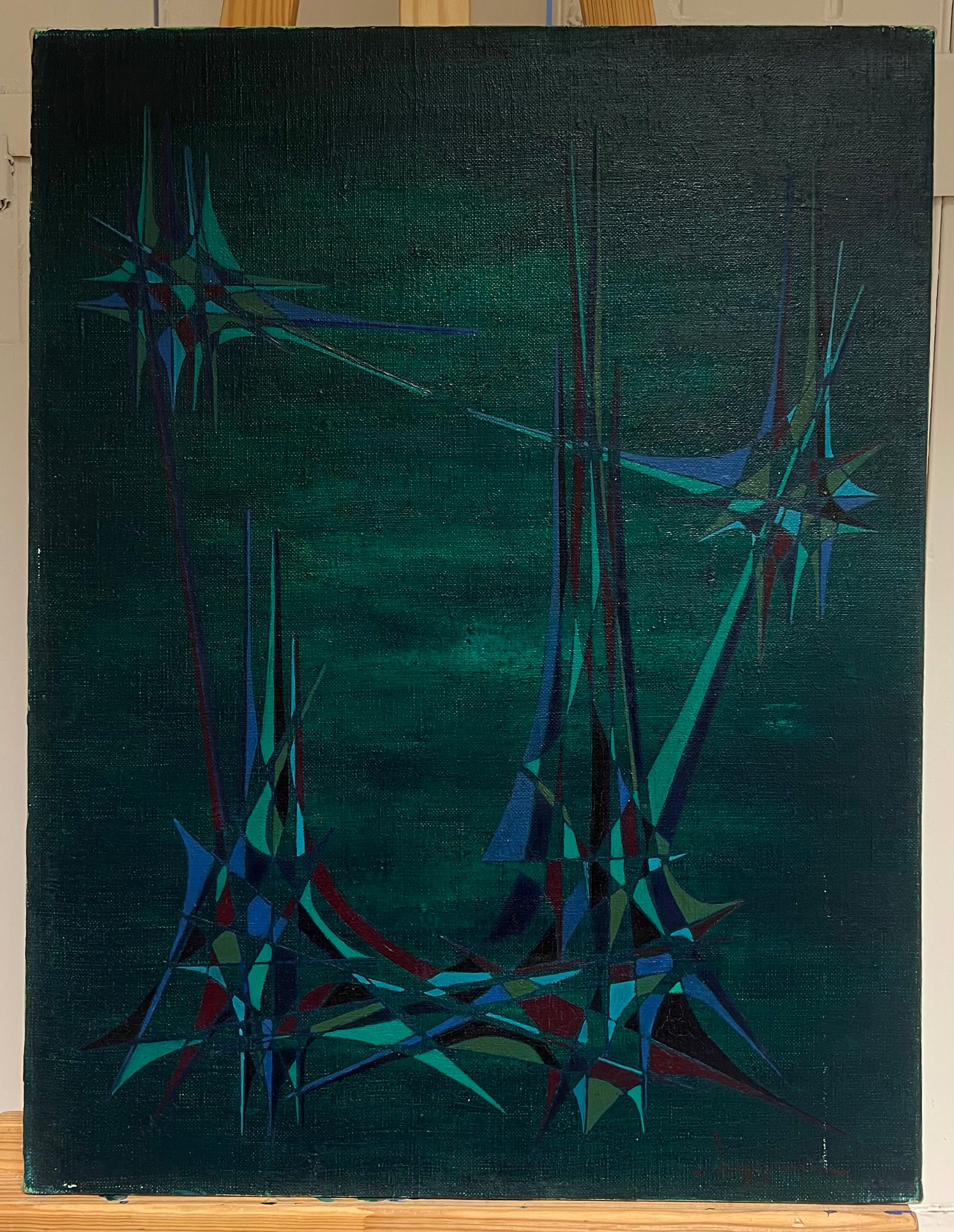 Geometria astratta francese del XX secolo in verde e blu cosmico - Painting di Serge Guerin (1916)