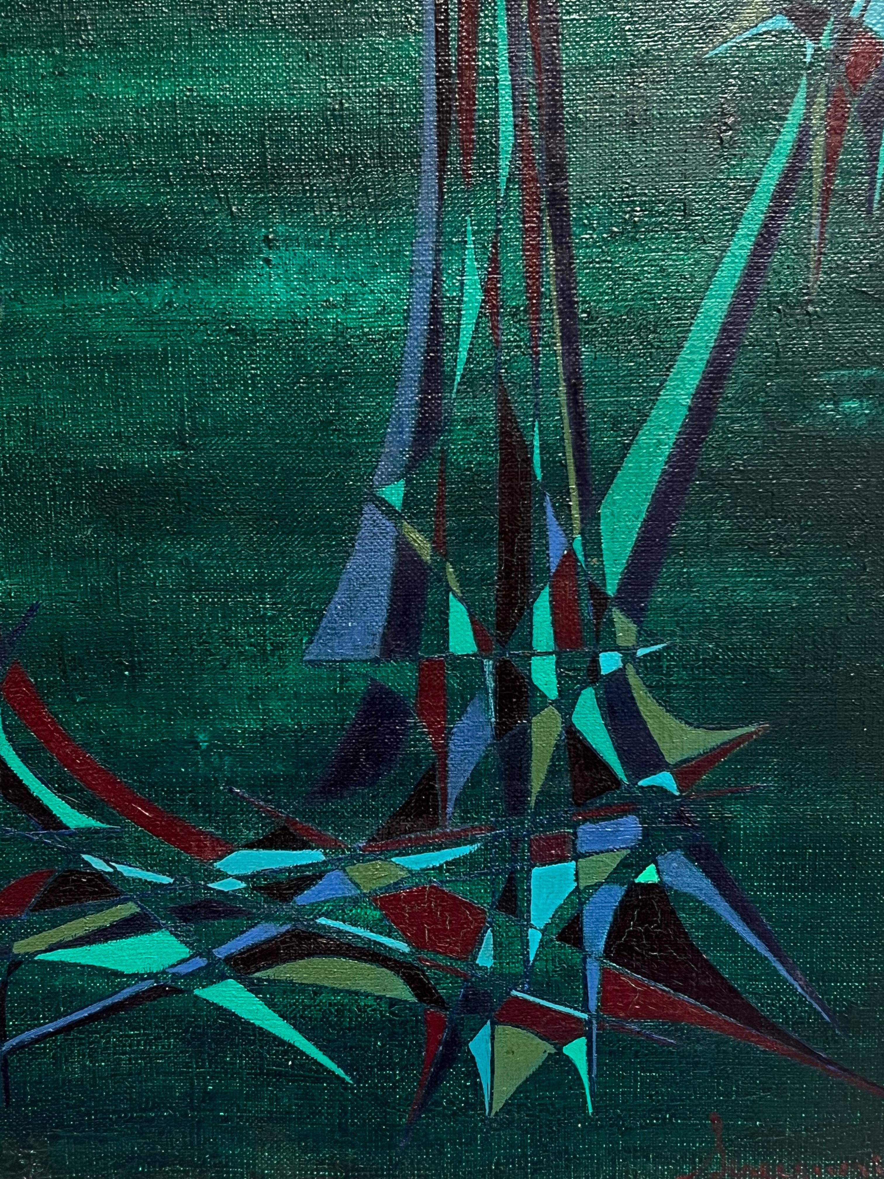 Geometria astratta francese del XX secolo in verde e blu cosmico - Painting Astrattismo geometrico di Serge Guerin (1916)