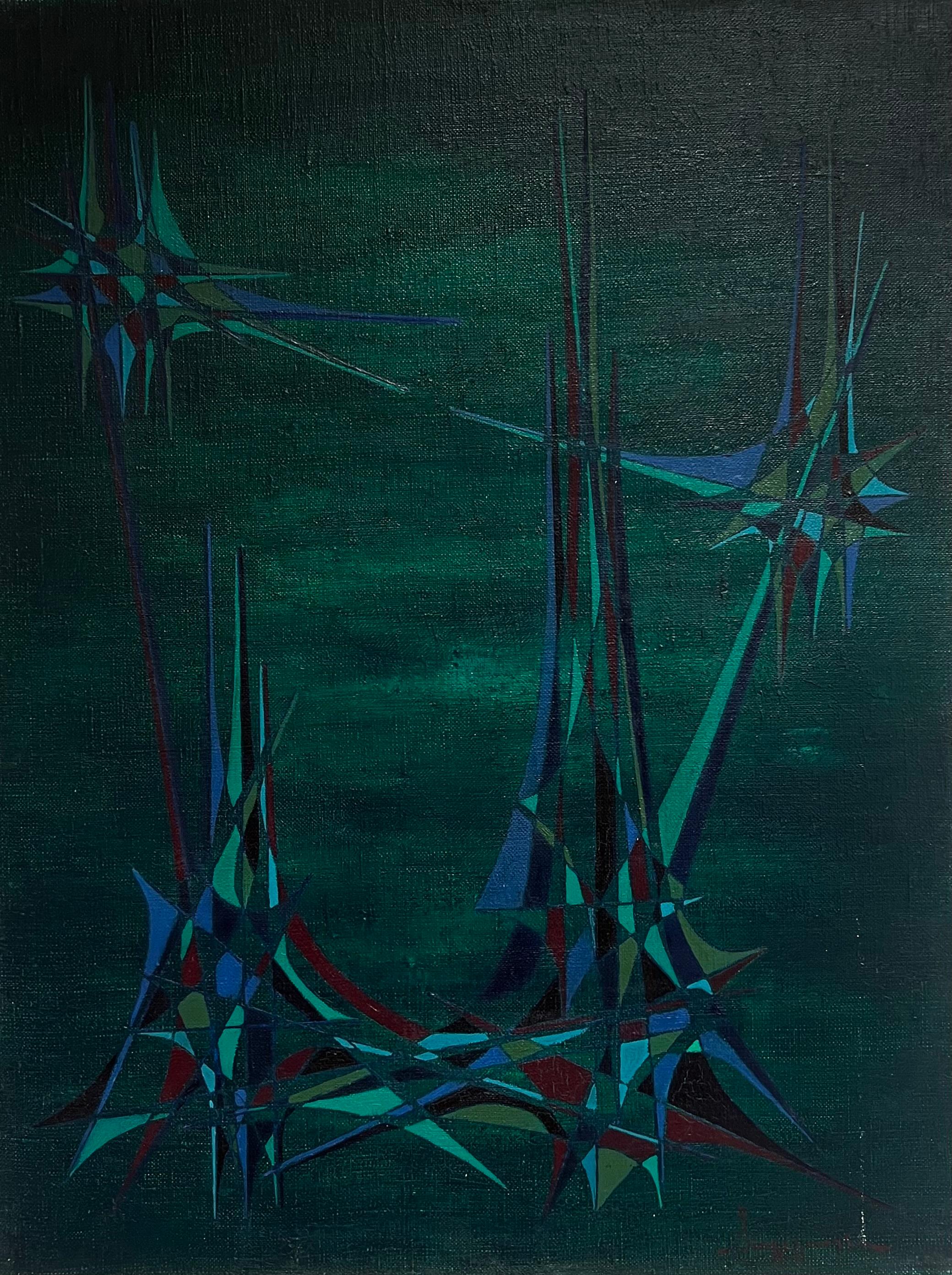 Abstract Painting di Serge Guerin (1916) - Geometria astratta francese del XX secolo in verde e blu cosmico