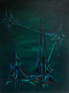 20th Century French Geometric Abstract Geometry in a Cosmic Green and Blue