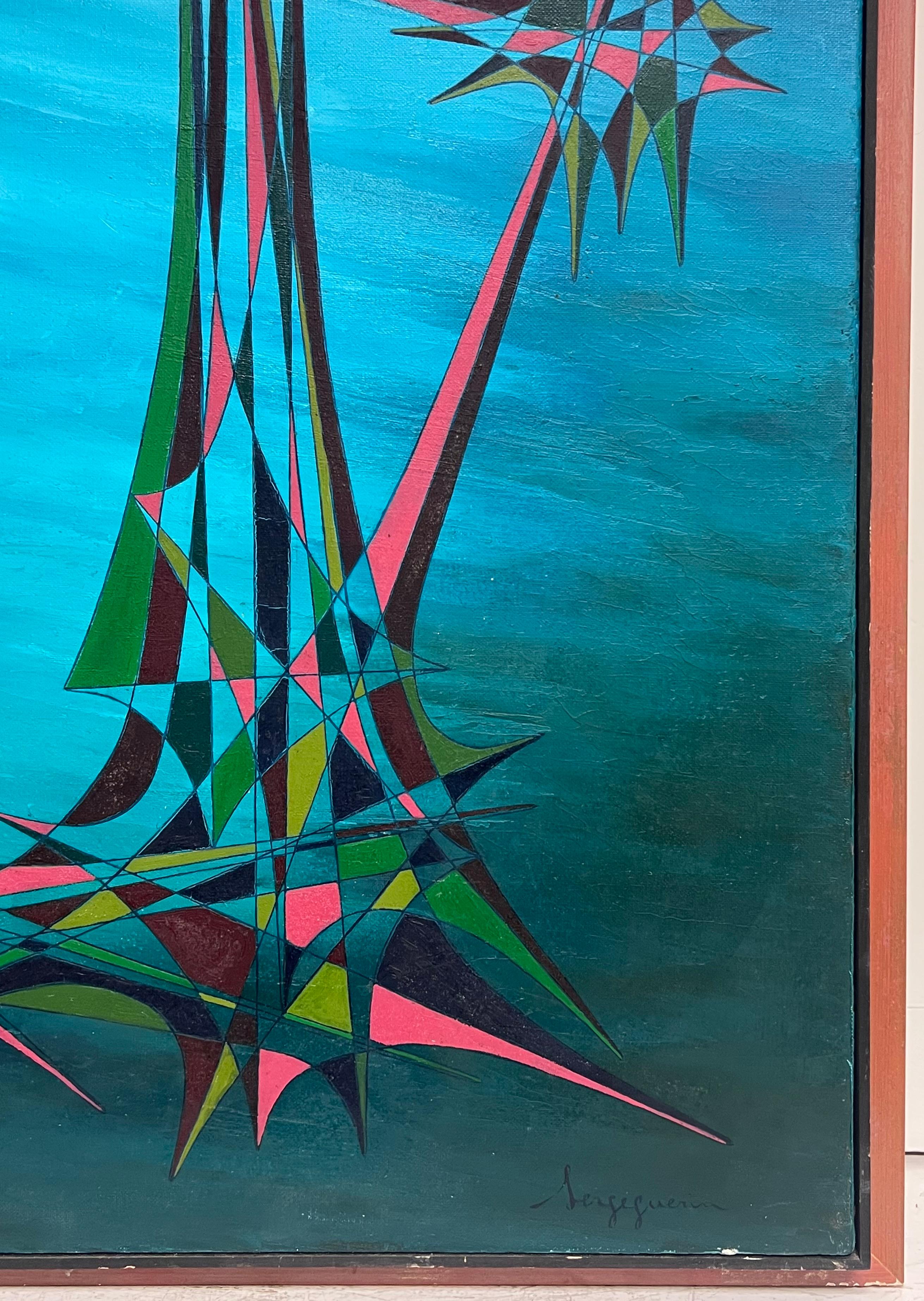 20th Century French Geometric Abstract Surrealist Composition Large Oil Painting For Sale 7