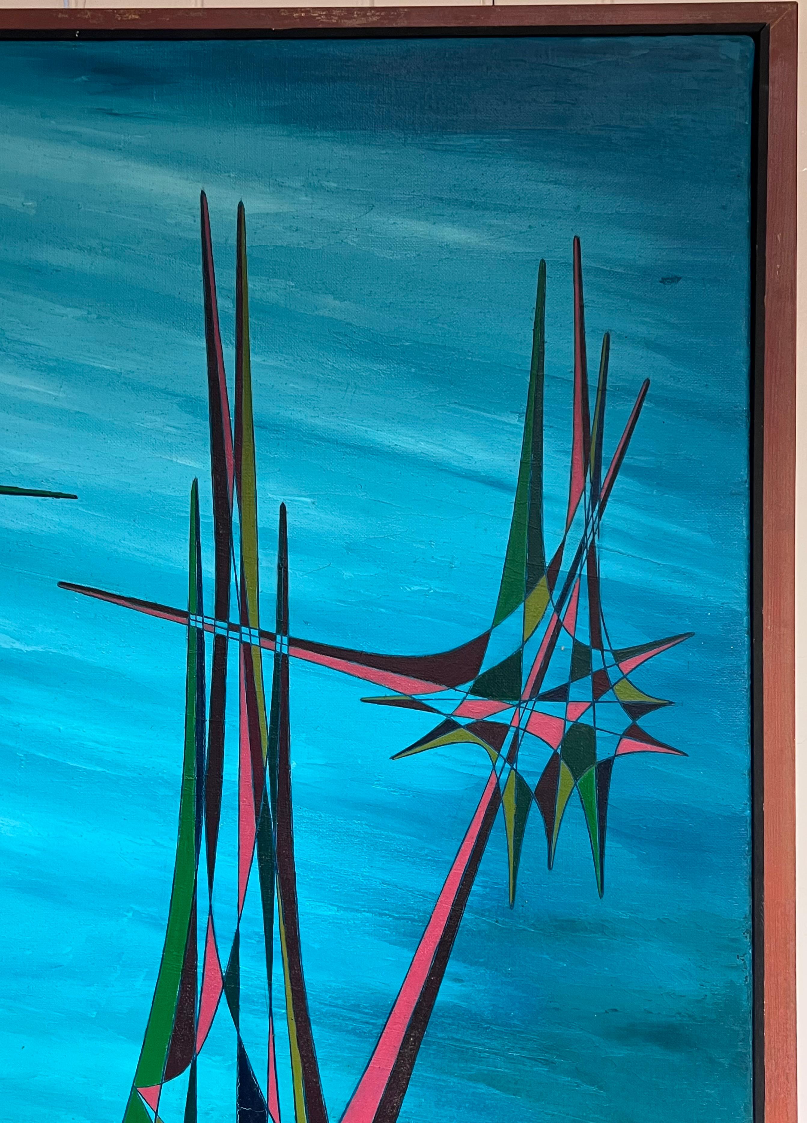 20th Century French Geometric Abstract Surrealist Composition Large Oil Painting For Sale 8