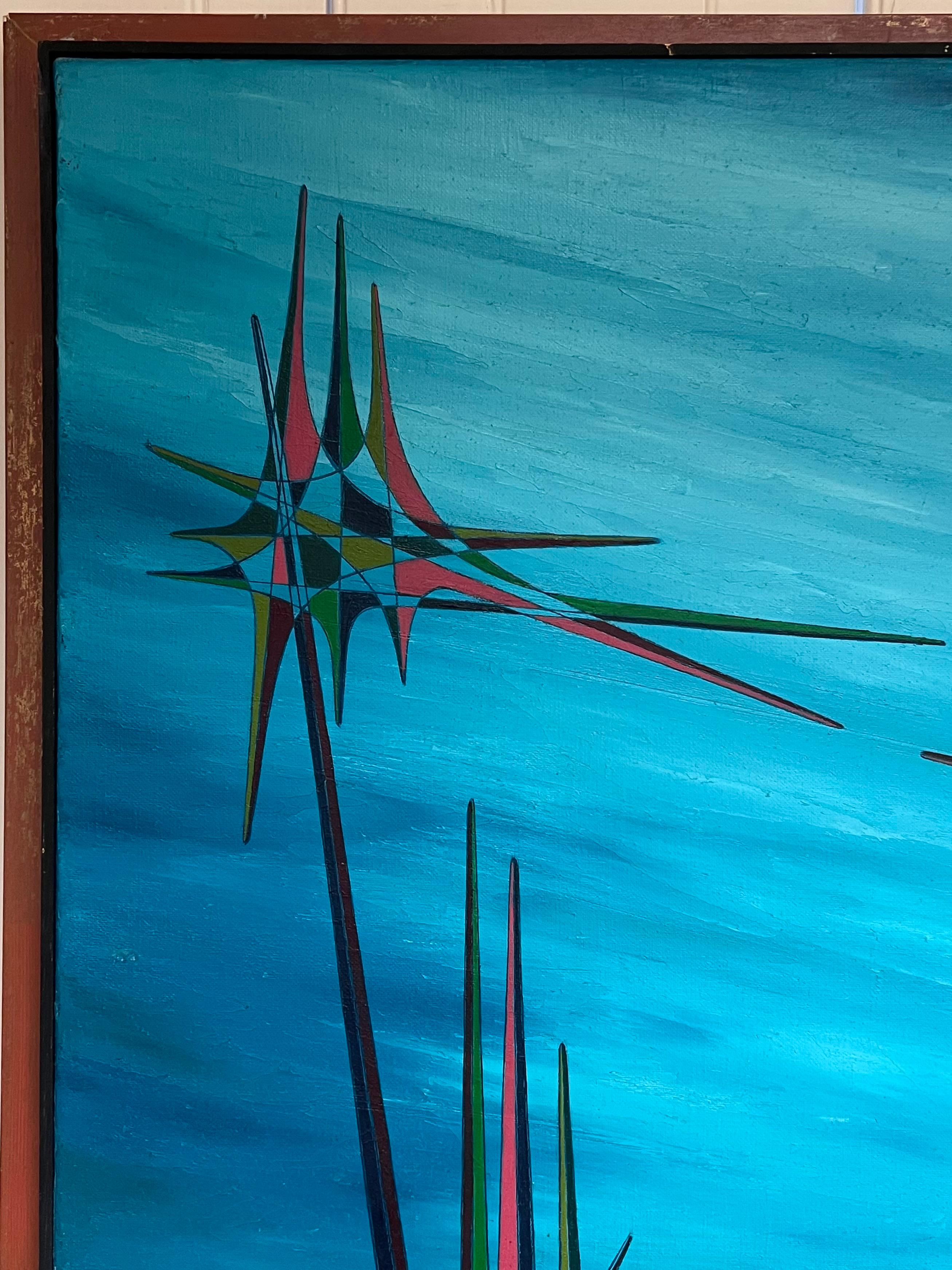 20th Century French Geometric Abstract Surrealist Composition Large Oil Painting For Sale 1
