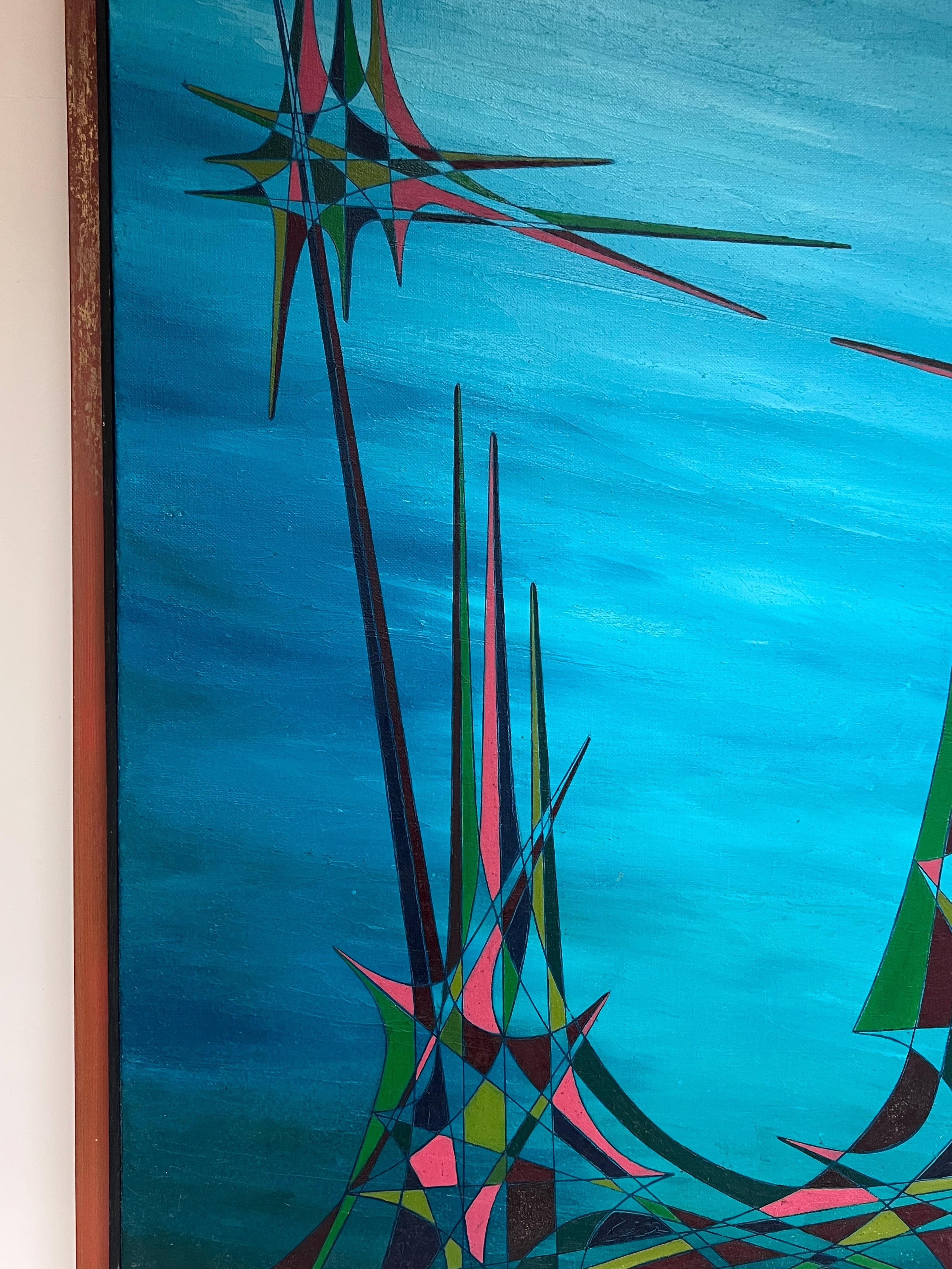 20th Century French Geometric Abstract Surrealist Composition Large Oil Painting For Sale 2