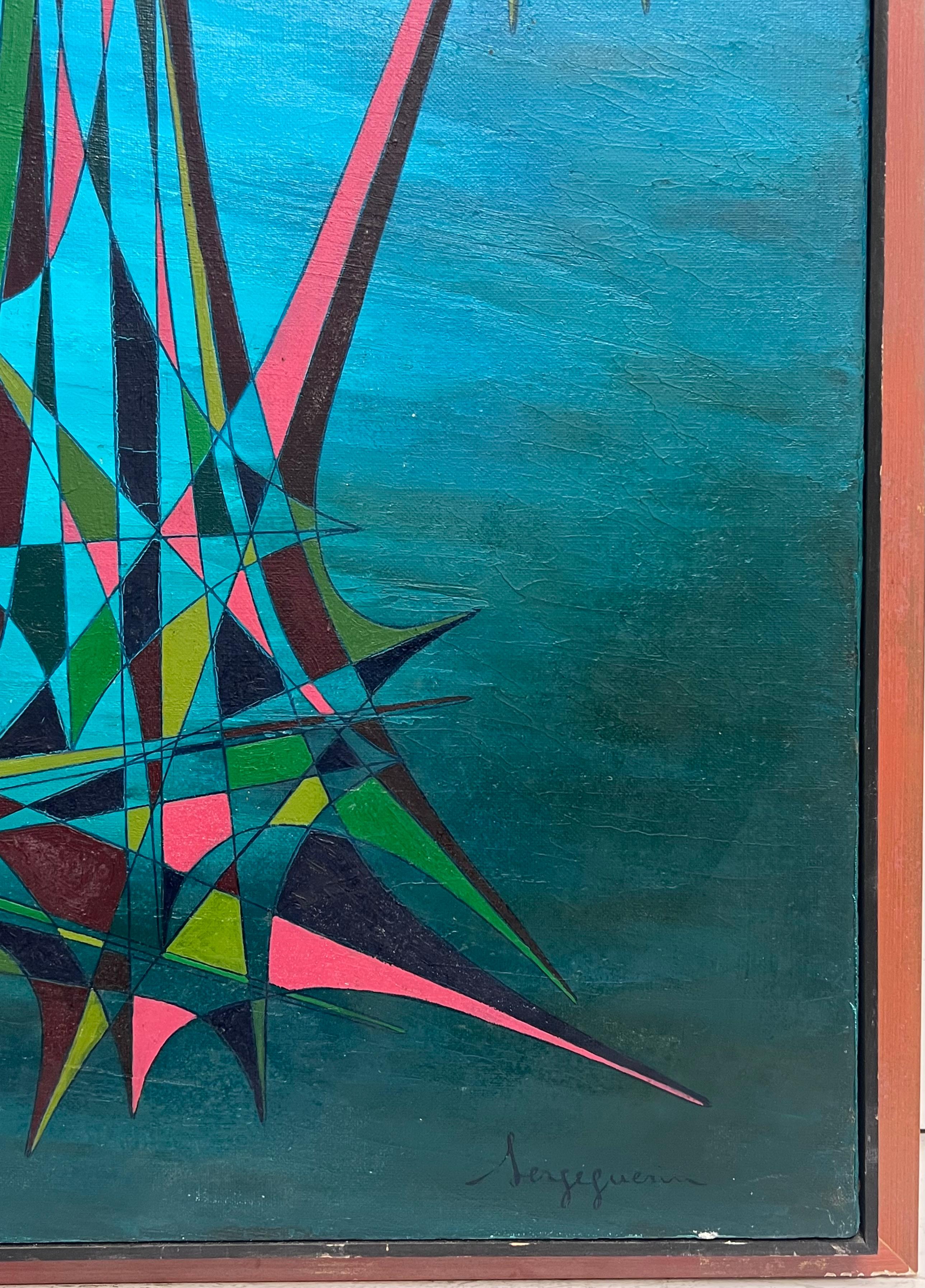 20th Century French Geometric Abstract Surrealist Composition Large Oil Painting For Sale 4