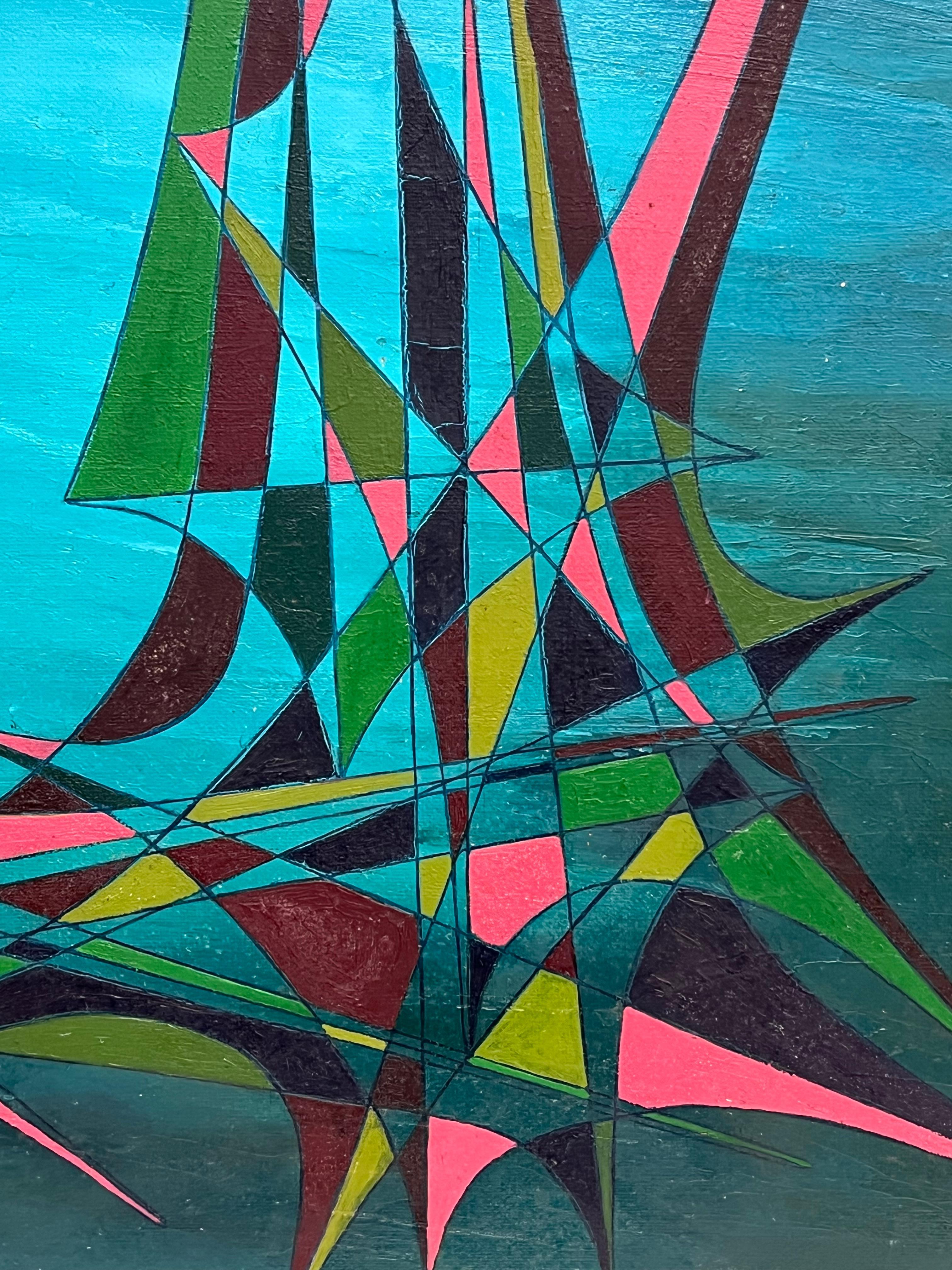 20th Century French Geometric Abstract Surrealist Composition Large Oil Painting For Sale 6