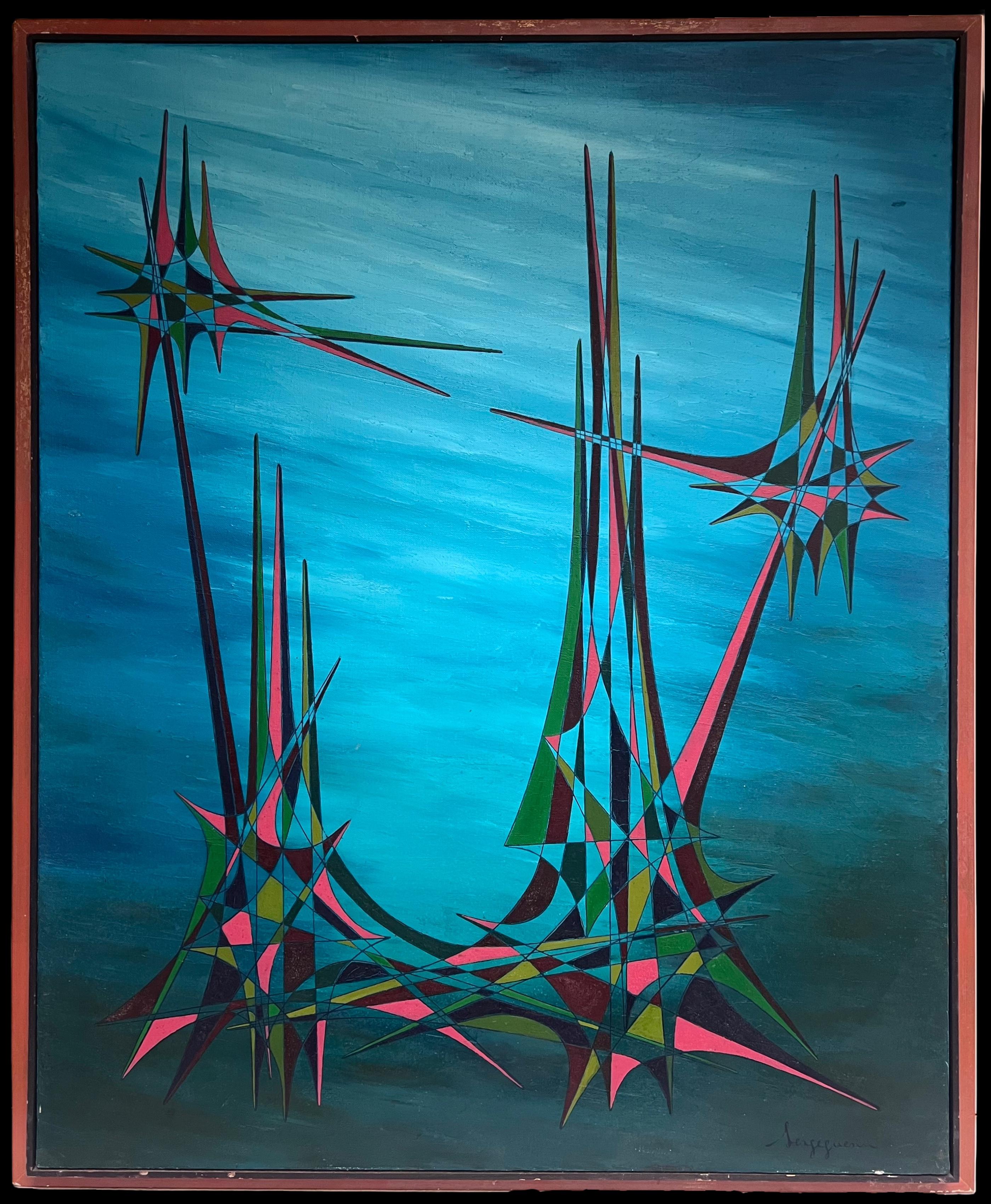 20th Century French Geometric Abstract Surrealist Composition Large Oil Painting