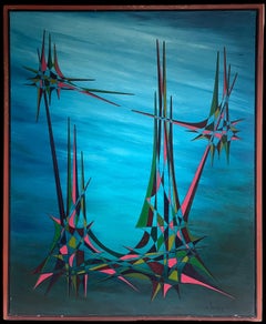 20. Jahrhundert Französisch Geometrische abstrakte surrealistische Komposition große Ölgemälde