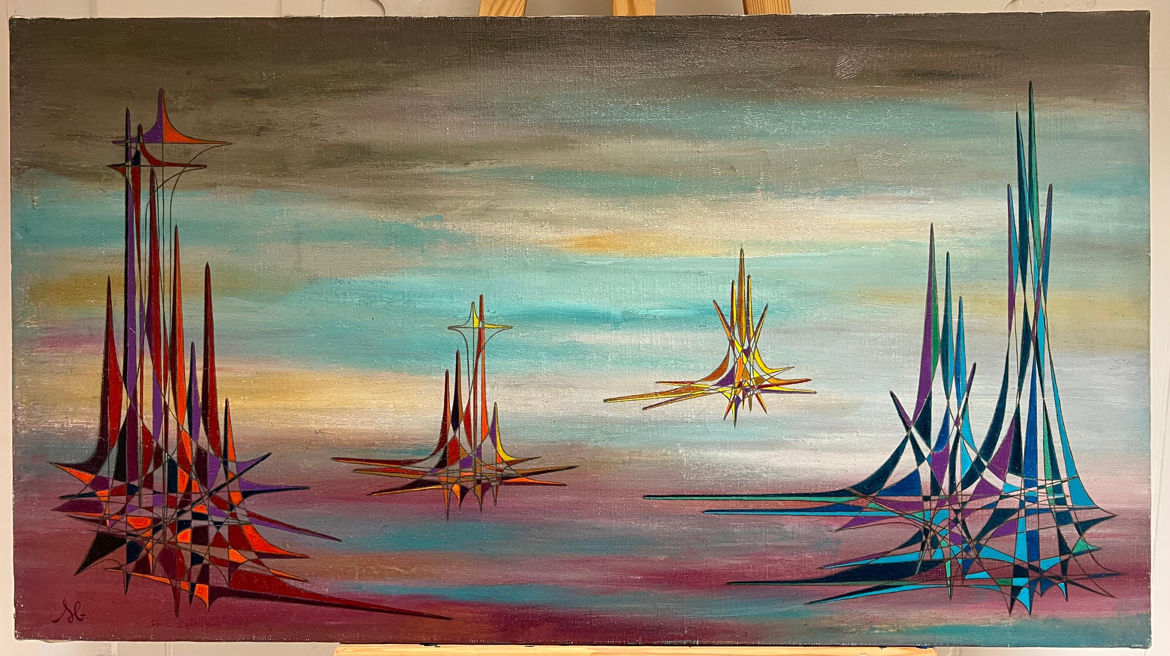 Pittura ad olio astratta geometrica surrealista del XX secolo francese - Painting di Serge Guerin (1916)