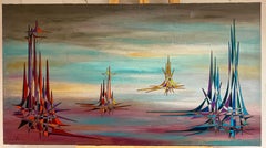 20th Century French Geometric Abstract Surrealist Composition Oil Painting