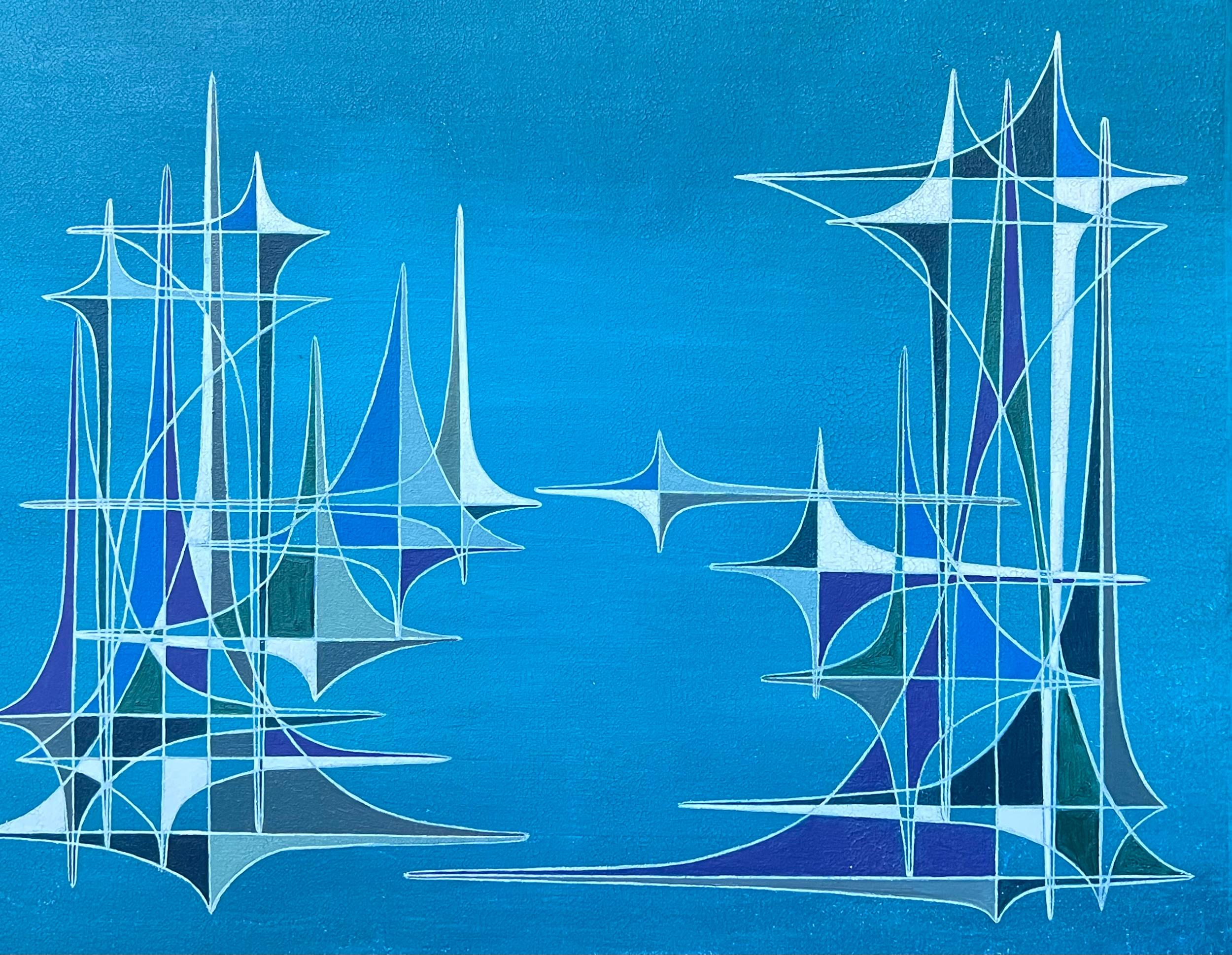 Pittura ad olio astratta geometrica surrealista del XX secolo francese - Painting di Serge Guerin (1916)