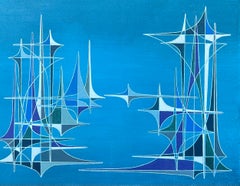 20th Century French Geometric Abstract Surrealist Composition Oil Painting