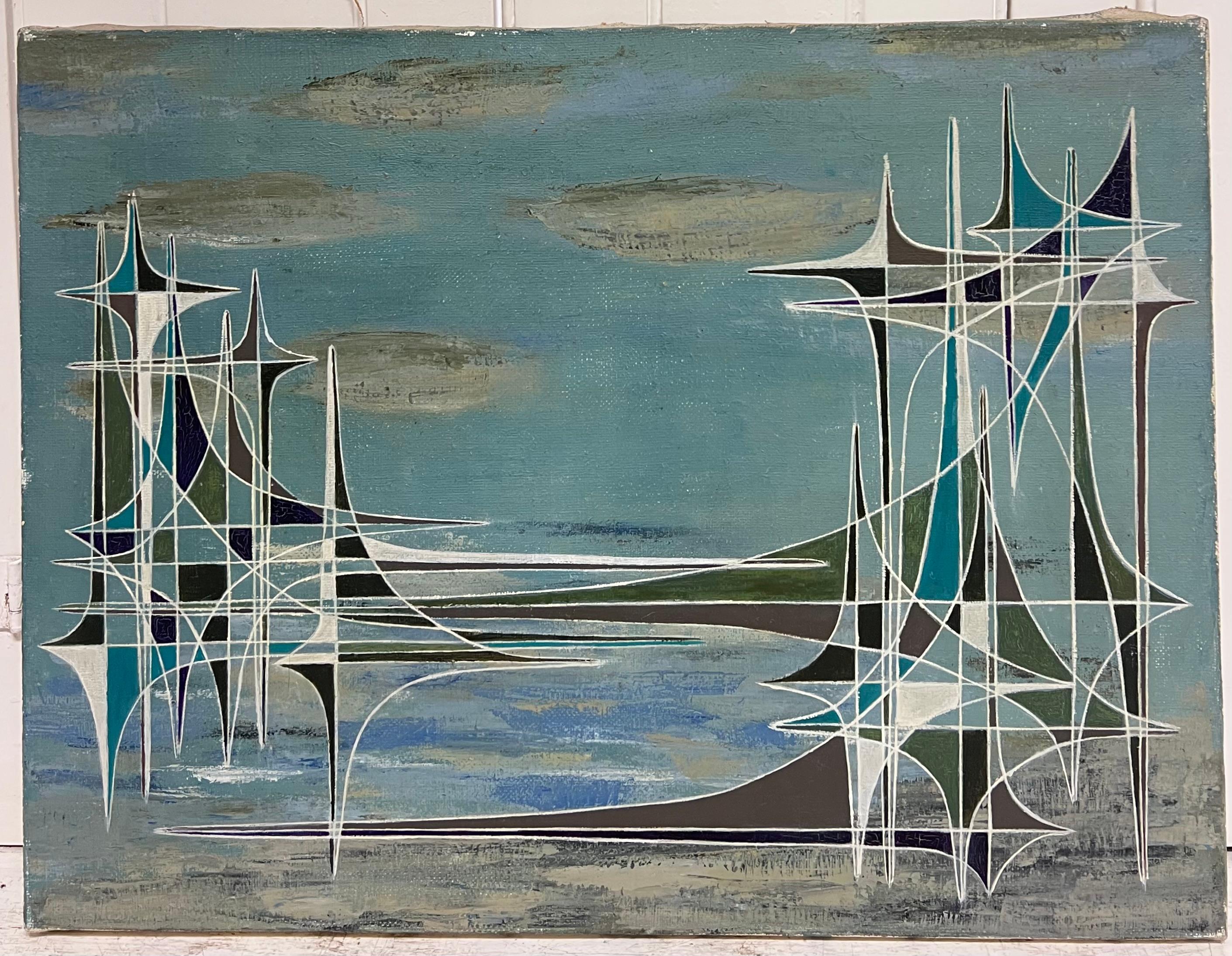 Französische geometrische abstrakte surrealistische Komposition des 20. Jahrhunderts, Ölgemälde (Geometrische Abstraktion), Painting, von Serge Guerin (1916)