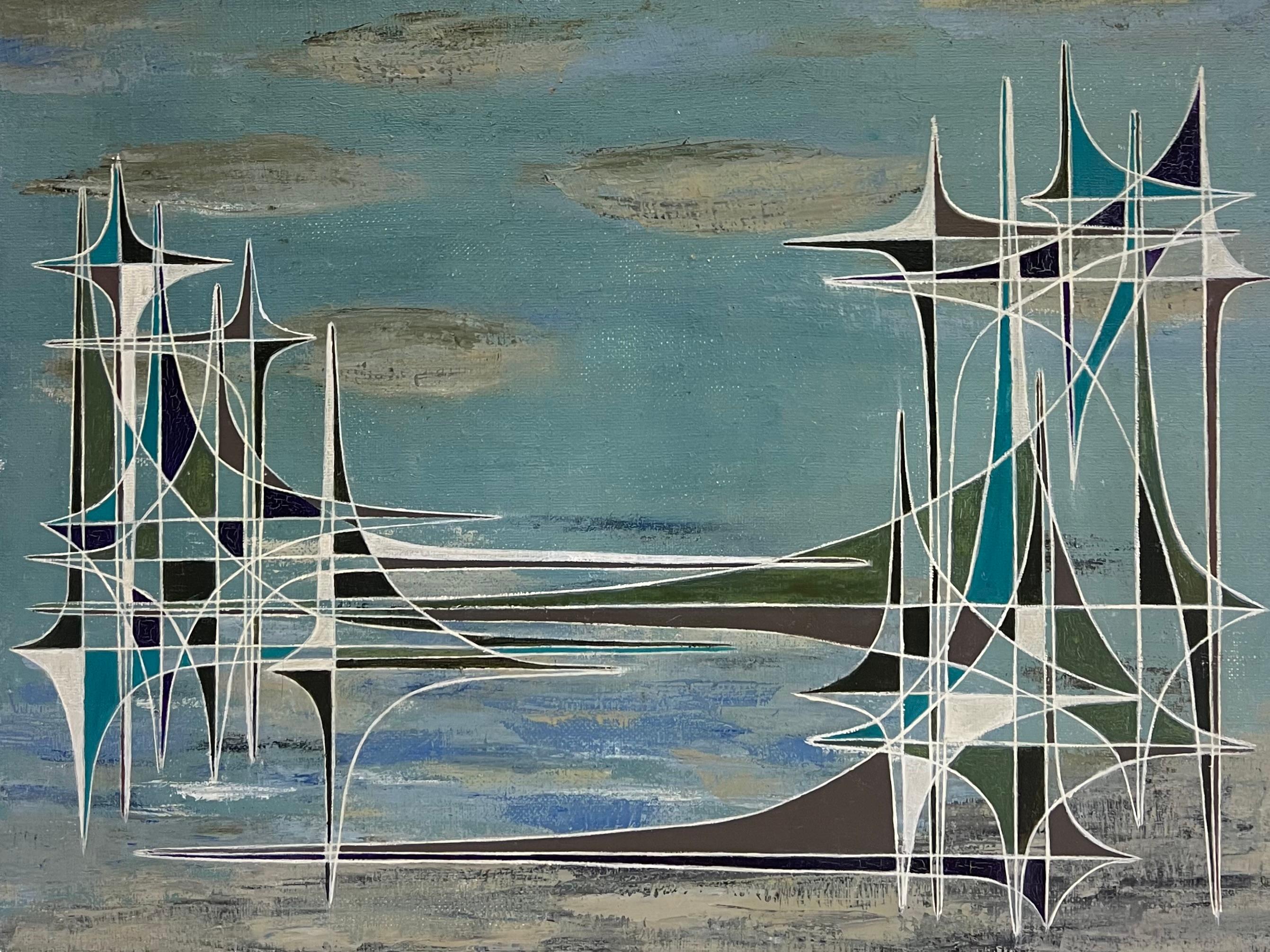 Französische geometrische abstrakte surrealistische Komposition des 20. Jahrhunderts, Ölgemälde (Grau), Abstract Painting, von Serge Guerin (1916)