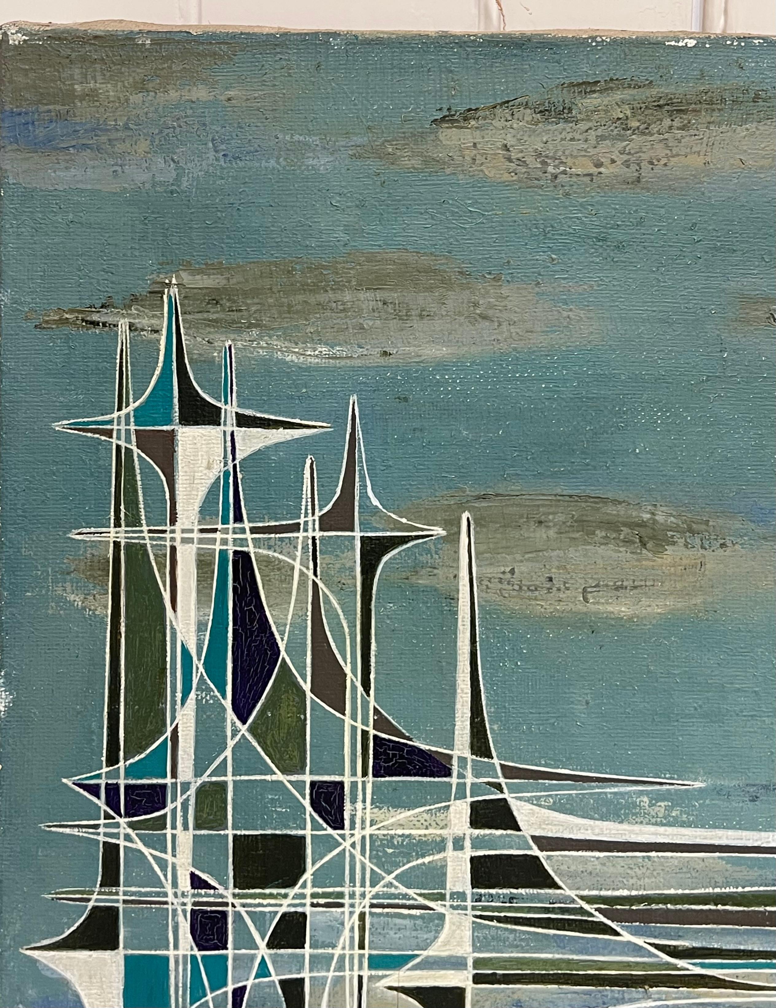 Französische geometrische abstrakte surrealistische Komposition des 20. Jahrhunderts, Ölgemälde im Angebot 1