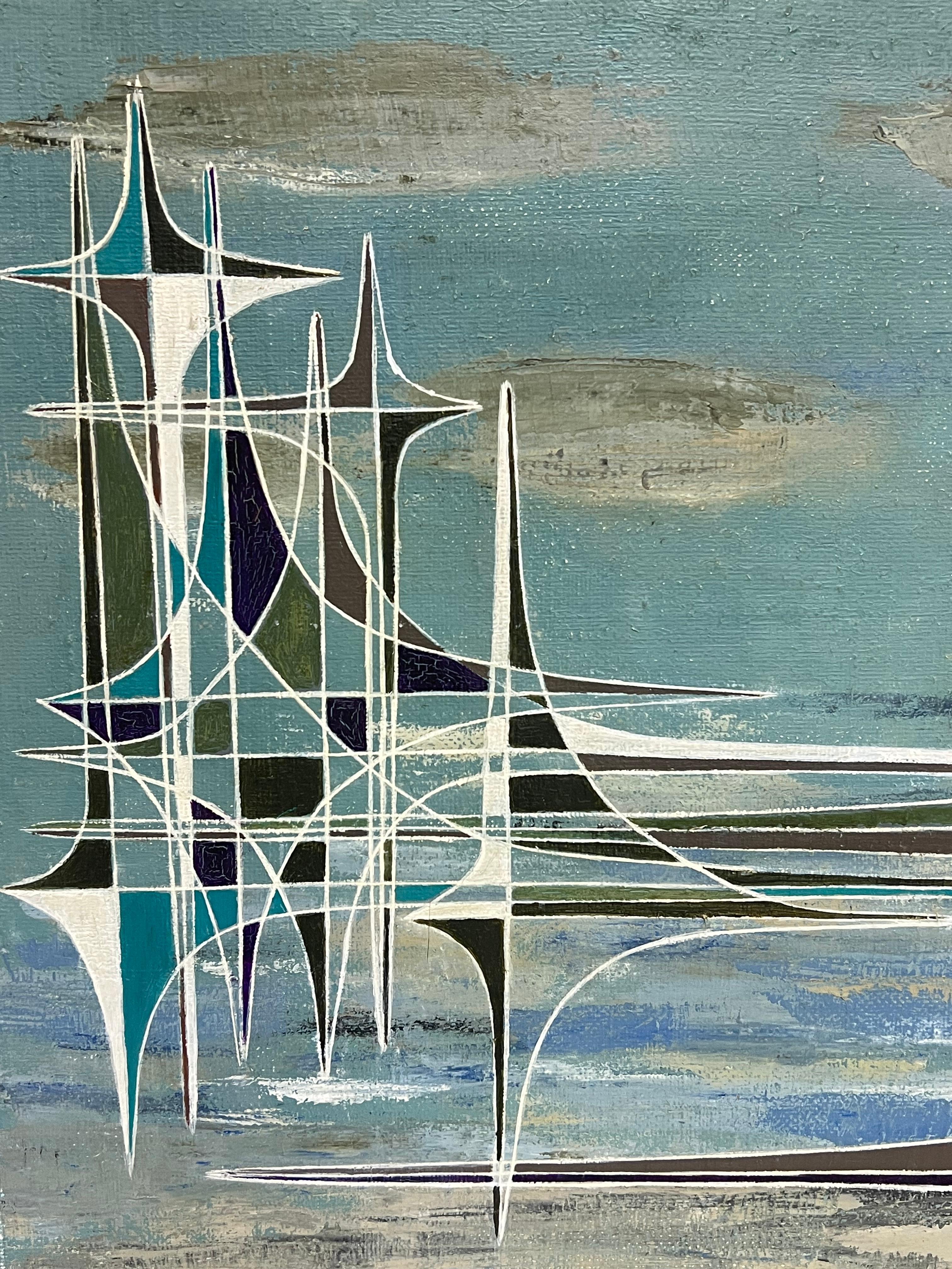 Französische geometrische abstrakte surrealistische Komposition des 20. Jahrhunderts, Ölgemälde im Angebot 2