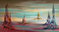 20th Century French Geometric Abstract Surrealist Composition Oil Painting