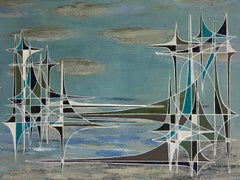 20th Century French Geometric Abstract Surrealist Composition Oil Painting