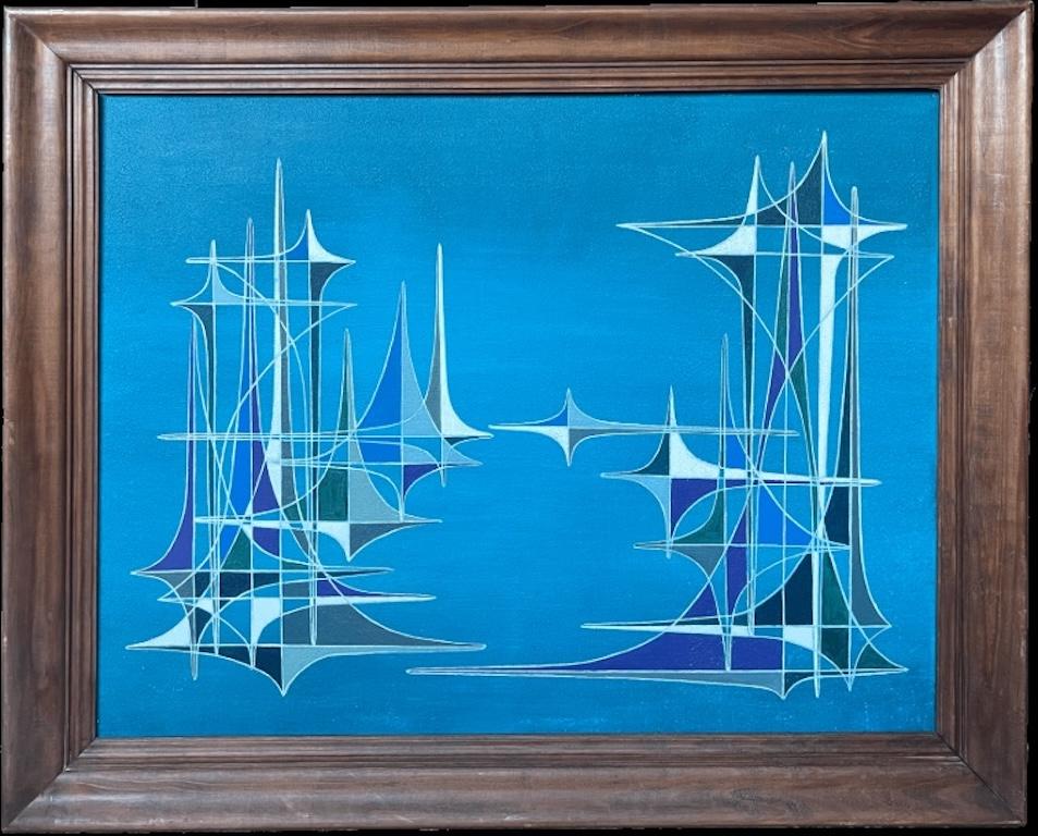 Abstract Painting di Serge Guerin (1916) - Pittura ad olio astratta geometrica surrealista del XX secolo francese