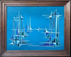 20th Century French Geometric Abstract Surrealist Composition Oil Painting