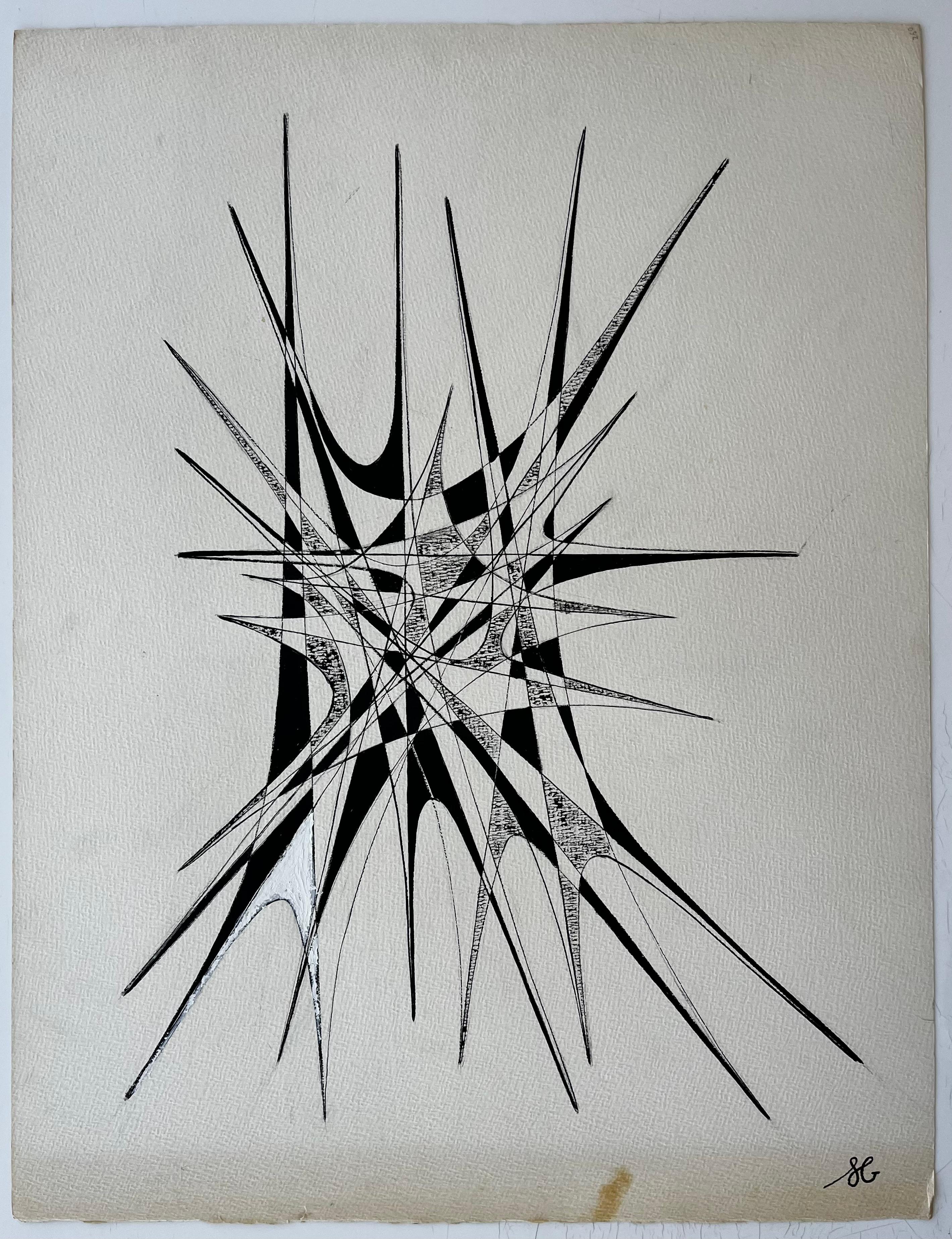 Architectural Abstract Ink Composition by Serge Guerin French b1916 - Painting by Serge Guerin (1916)