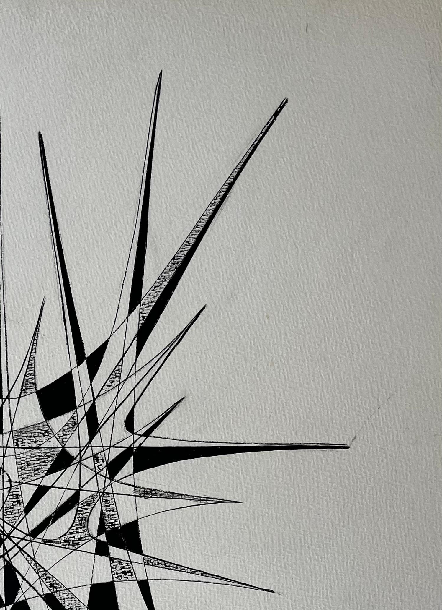Architectural Abstract Ink Composition by Serge Guerin French b1916 - Gray Abstract Painting by Serge Guerin (1916)