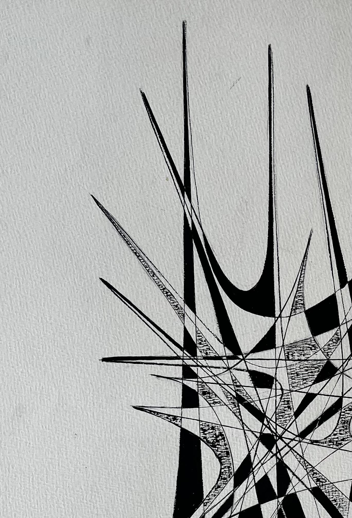 Title: Architectural Abstract Ink Composition by Serge Guerin French b1916
by Serge Guerin (b. 1916), French
signed: yes, monogram lower right
Black ink on paper, unframed
Size: 25.75 (height) x 19.75 (width) inches
Provenance: private collection,