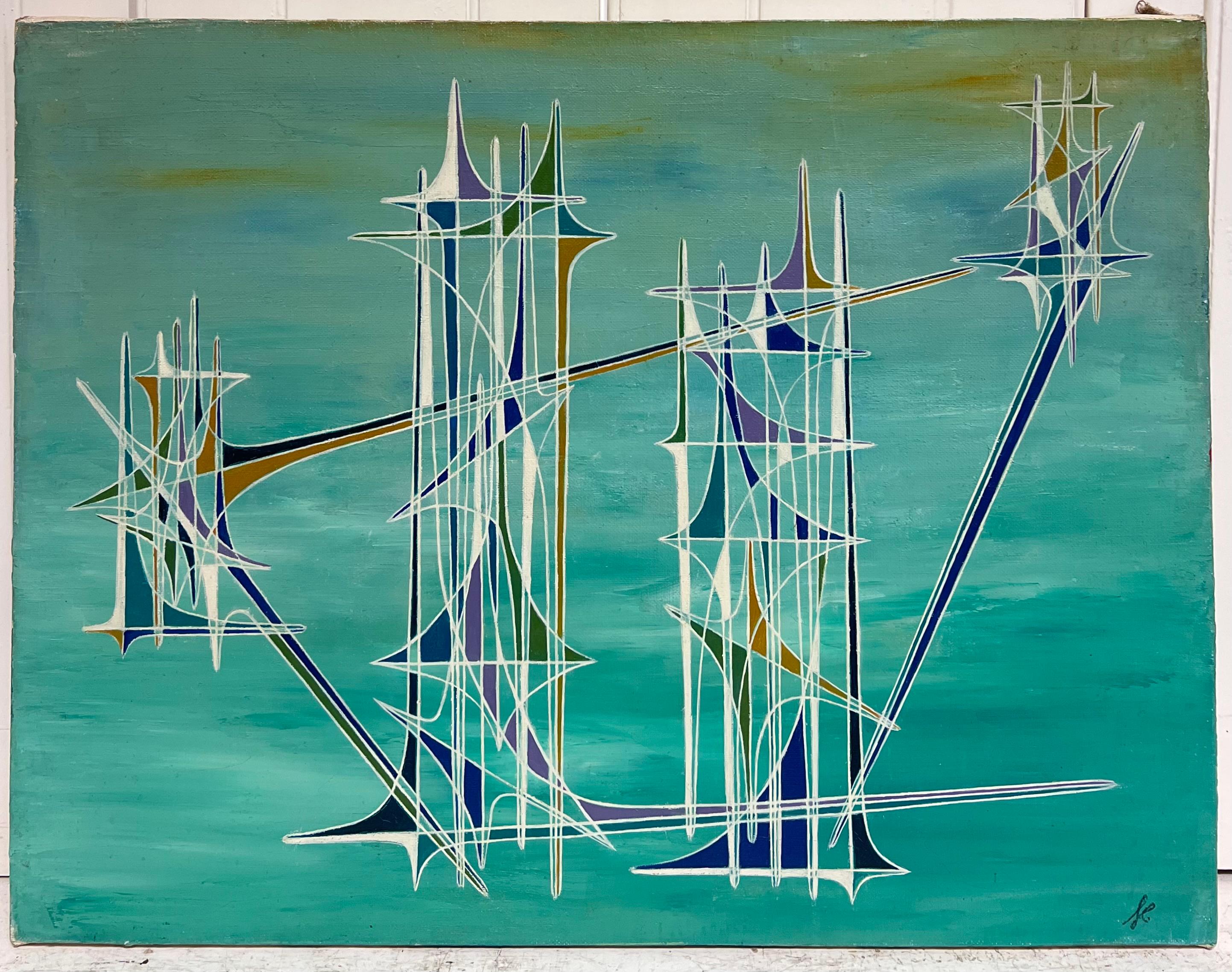 Peinture à l'huile surréaliste abstraite turquoise représentant des spirales géométriques bleues - Painting de Serge Guerin (1916)