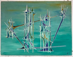 Blue Geometric Spires in Turquoise Abstract Surrealist Composition Oil Painting