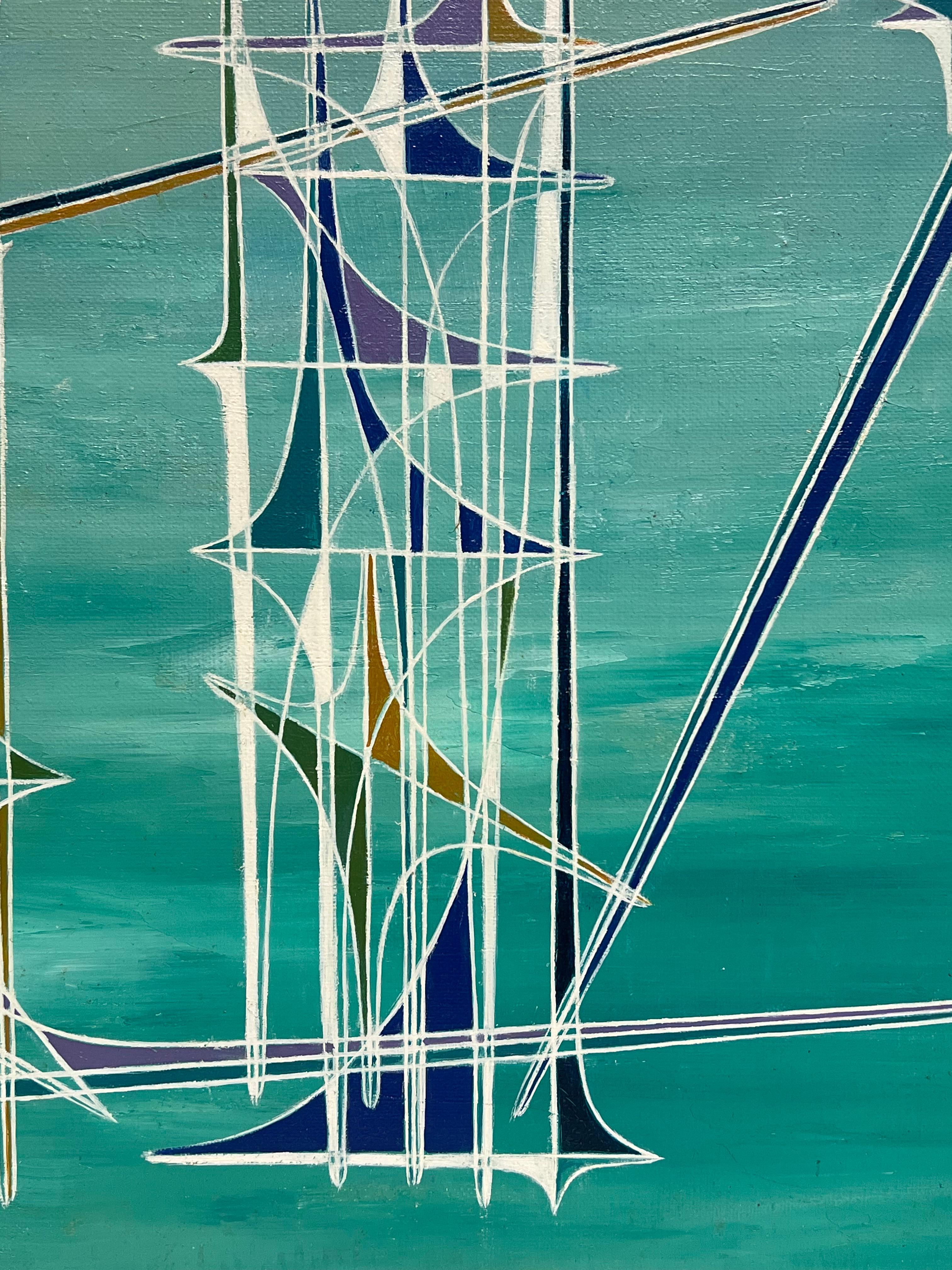 Peinture à l'huile surréaliste abstraite turquoise représentant des spirales géométriques bleues - Géométrique abstrait Painting par Serge Guerin (1916)