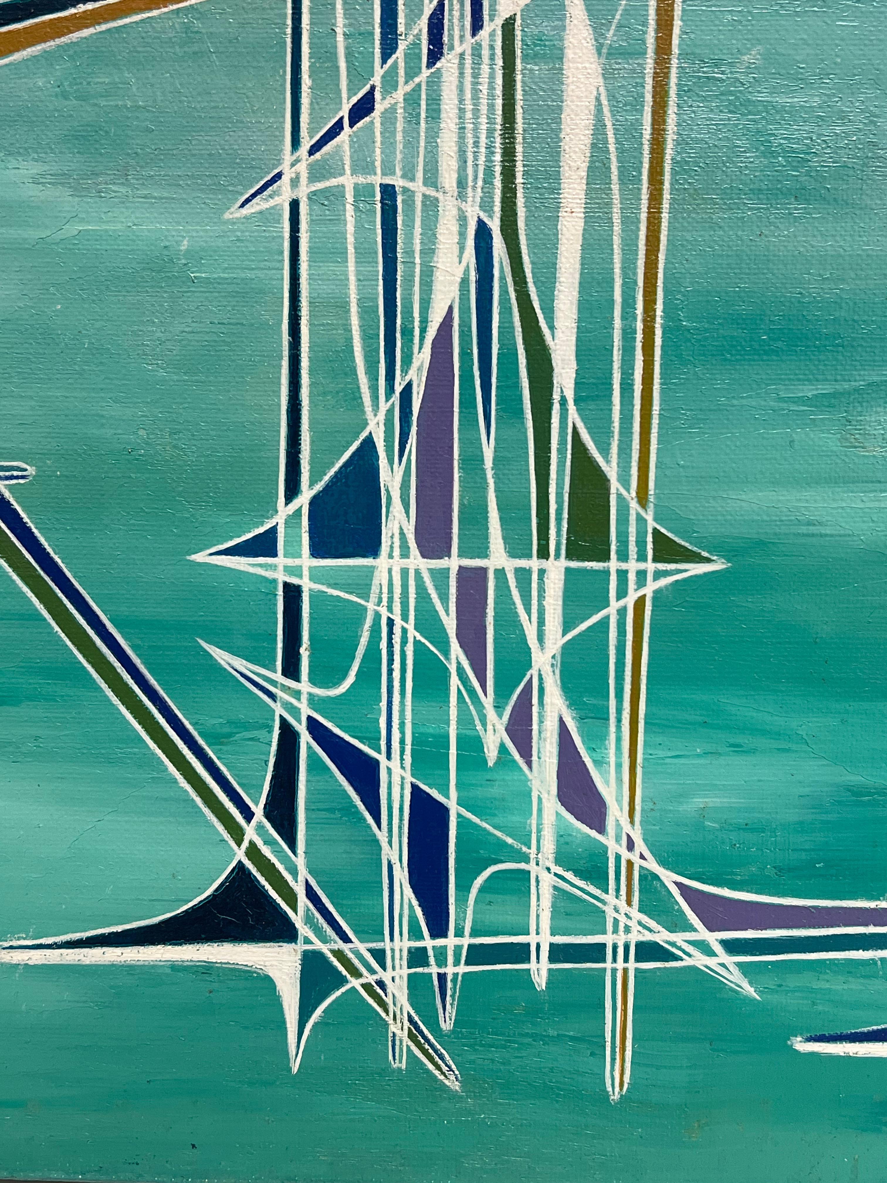 Peinture à l'huile surréaliste abstraite turquoise représentant des spirales géométriques bleues - Bleu Abstract Painting par Serge Guerin (1916)