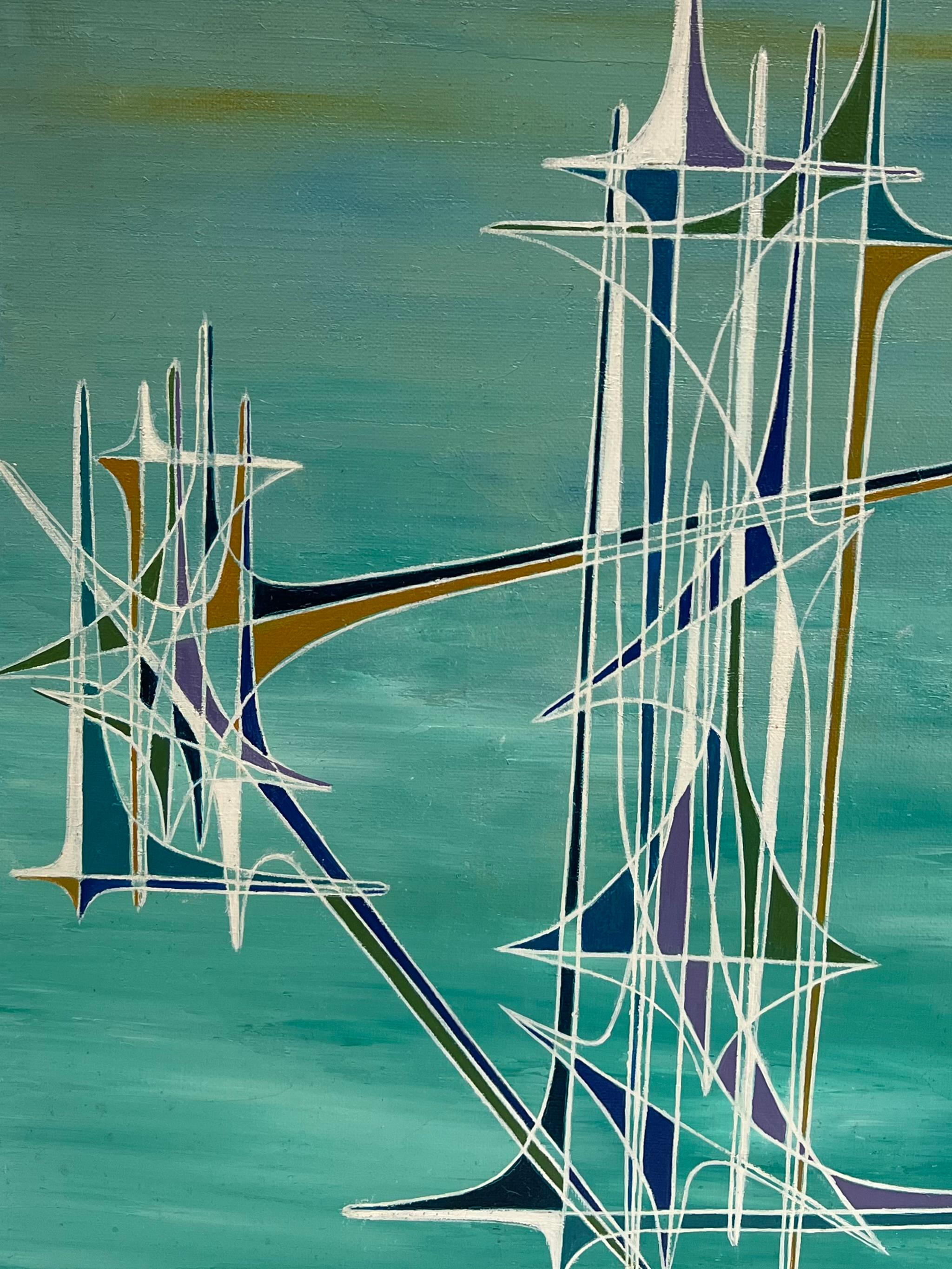 Peinture à l'huile surréaliste abstraite turquoise représentant des spirales géométriques bleues en vente 1