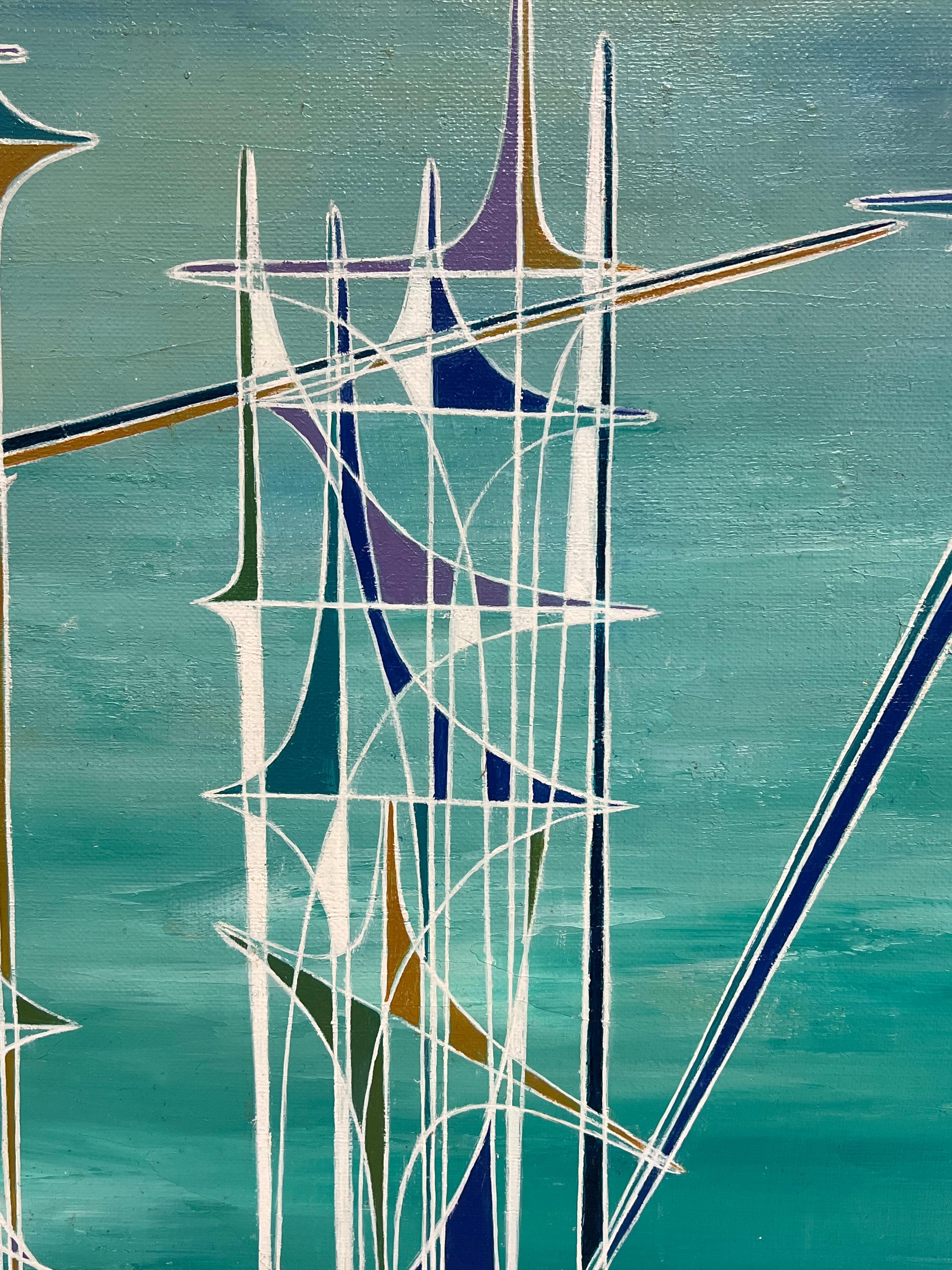 Peinture à l'huile surréaliste abstraite turquoise représentant des spirales géométriques bleues en vente 2