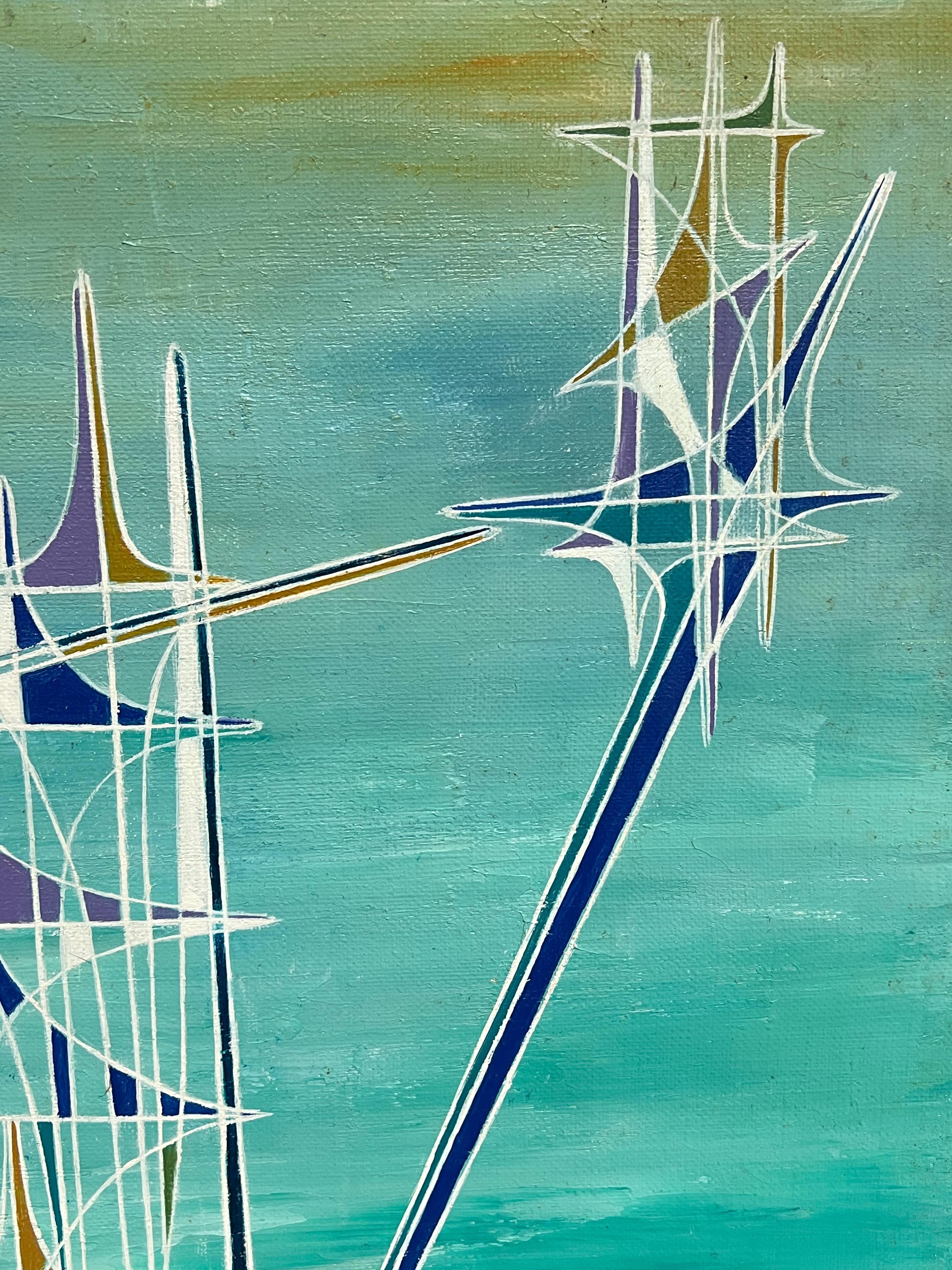Peinture à l'huile surréaliste abstraite turquoise représentant des spirales géométriques bleues en vente 3