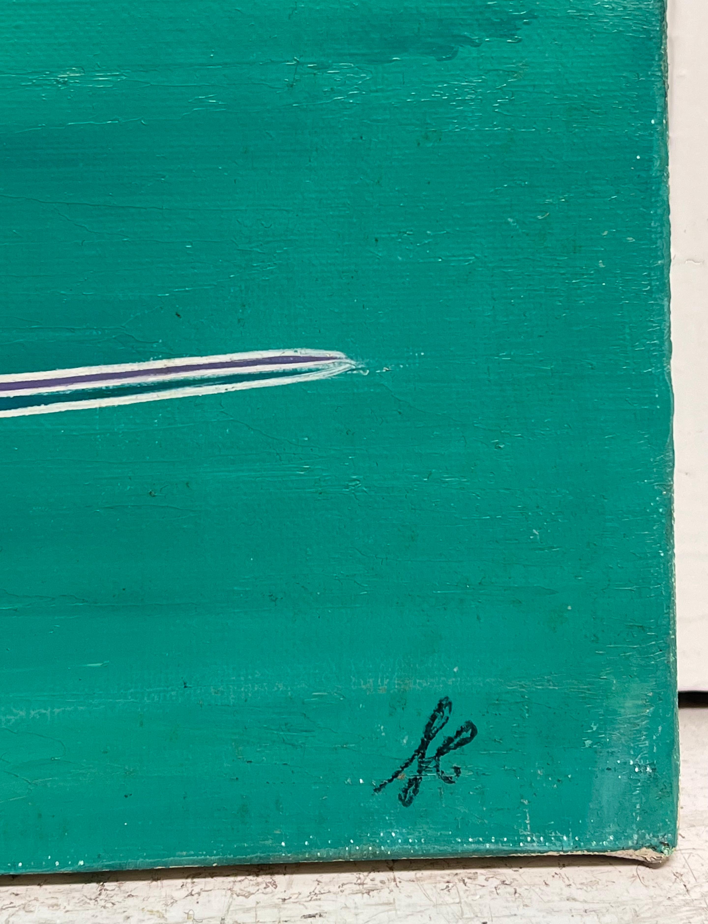 Peinture à l'huile surréaliste abstraite turquoise représentant des spirales géométriques bleues en vente 4