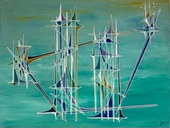 Blue Geometric Spires in Turquoise Abstract Surrealist Composition Oil Painting