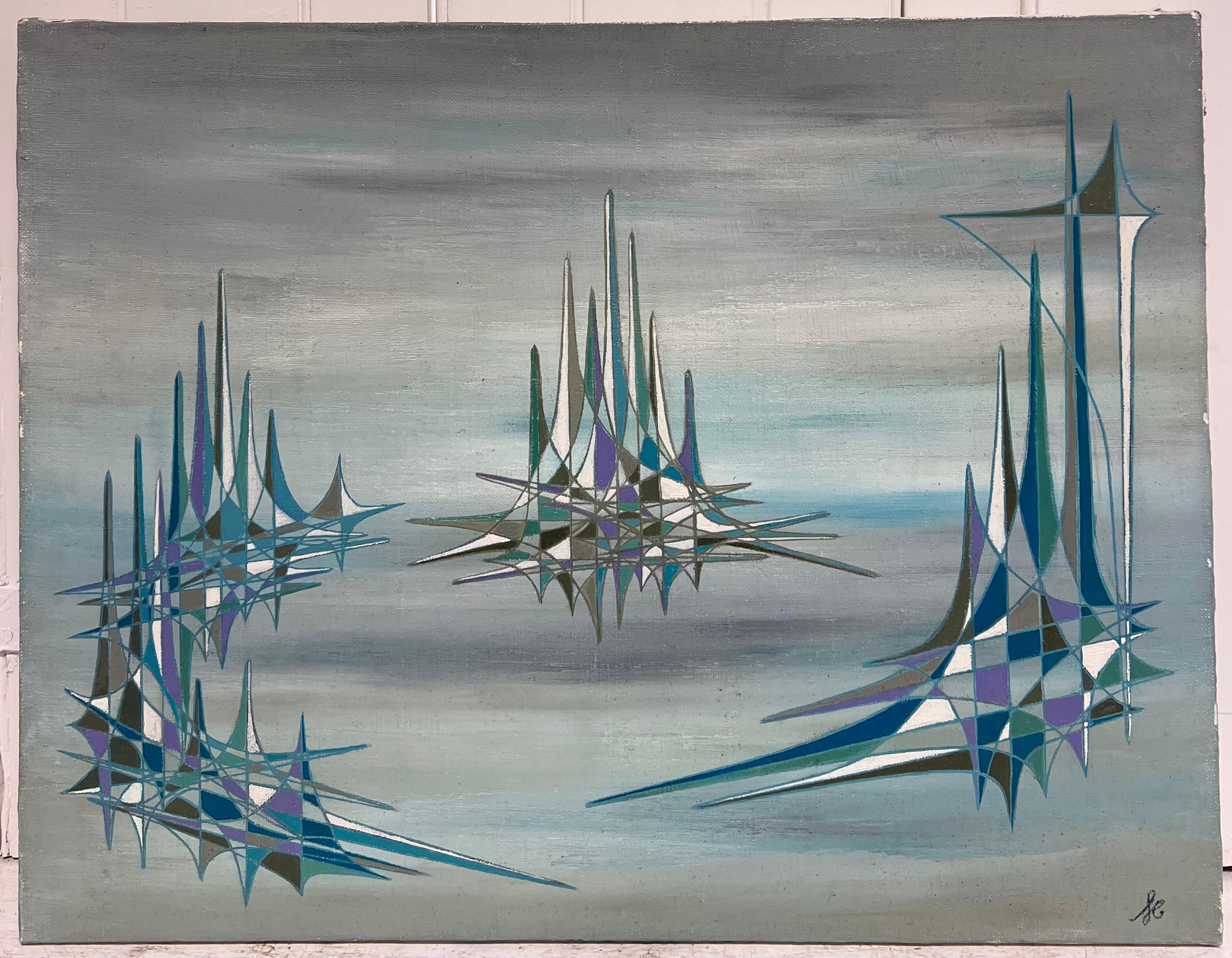 Guglie blu in grigio Composizione astratta geometrica surrealista Pittura ad olio - Painting di Serge Guerin (1916)