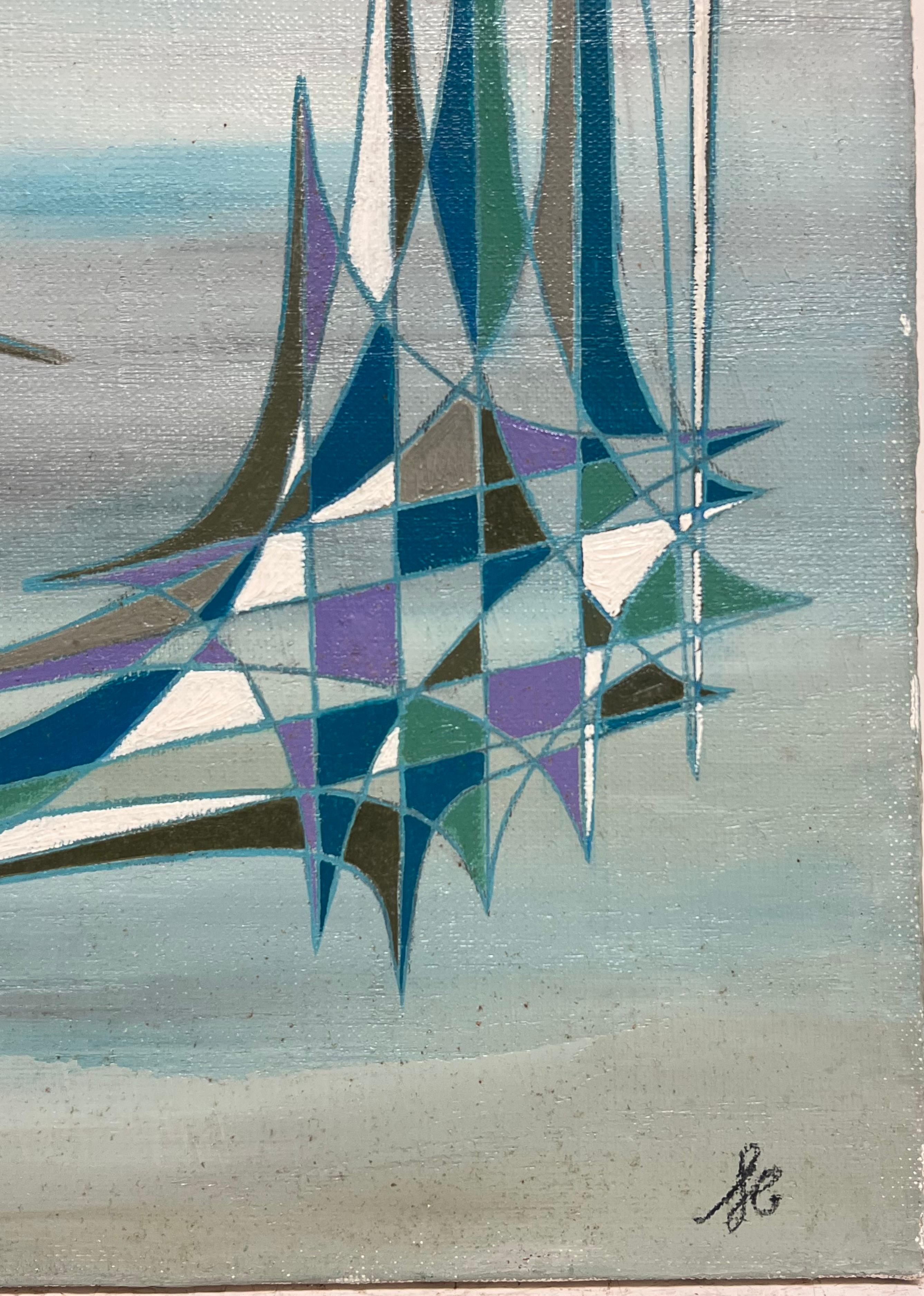 Guglie blu in grigio Composizione astratta geometrica surrealista Pittura ad olio - Painting Astrattismo geometrico di Serge Guerin (1916)