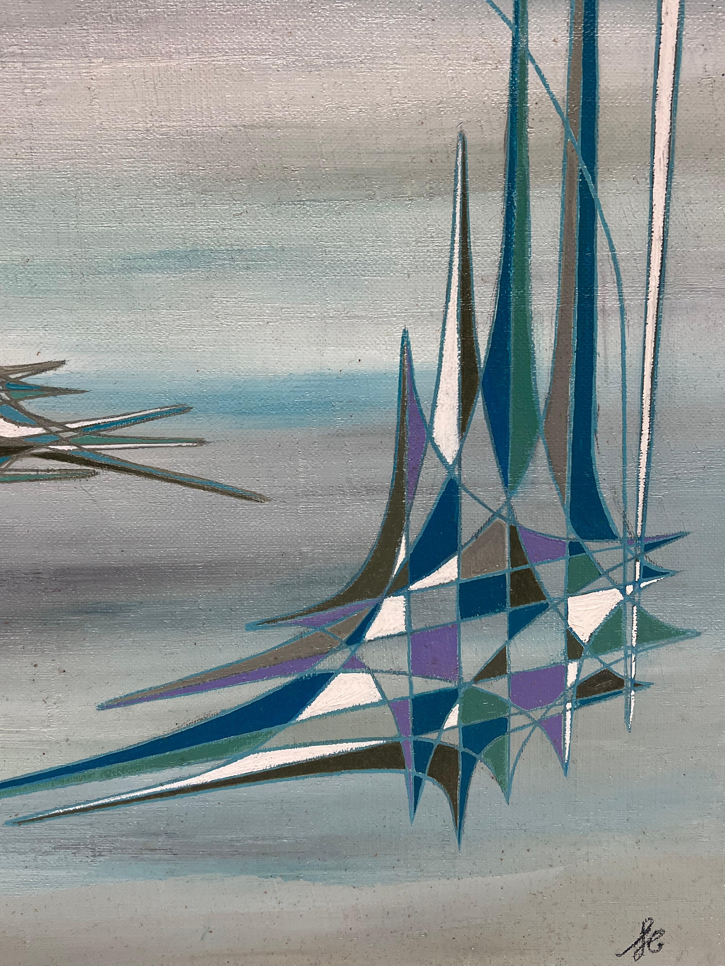 Guglie blu in grigio Composizione astratta geometrica surrealista Pittura ad olio - Abstract Painting Grigio di Serge Guerin (1916)