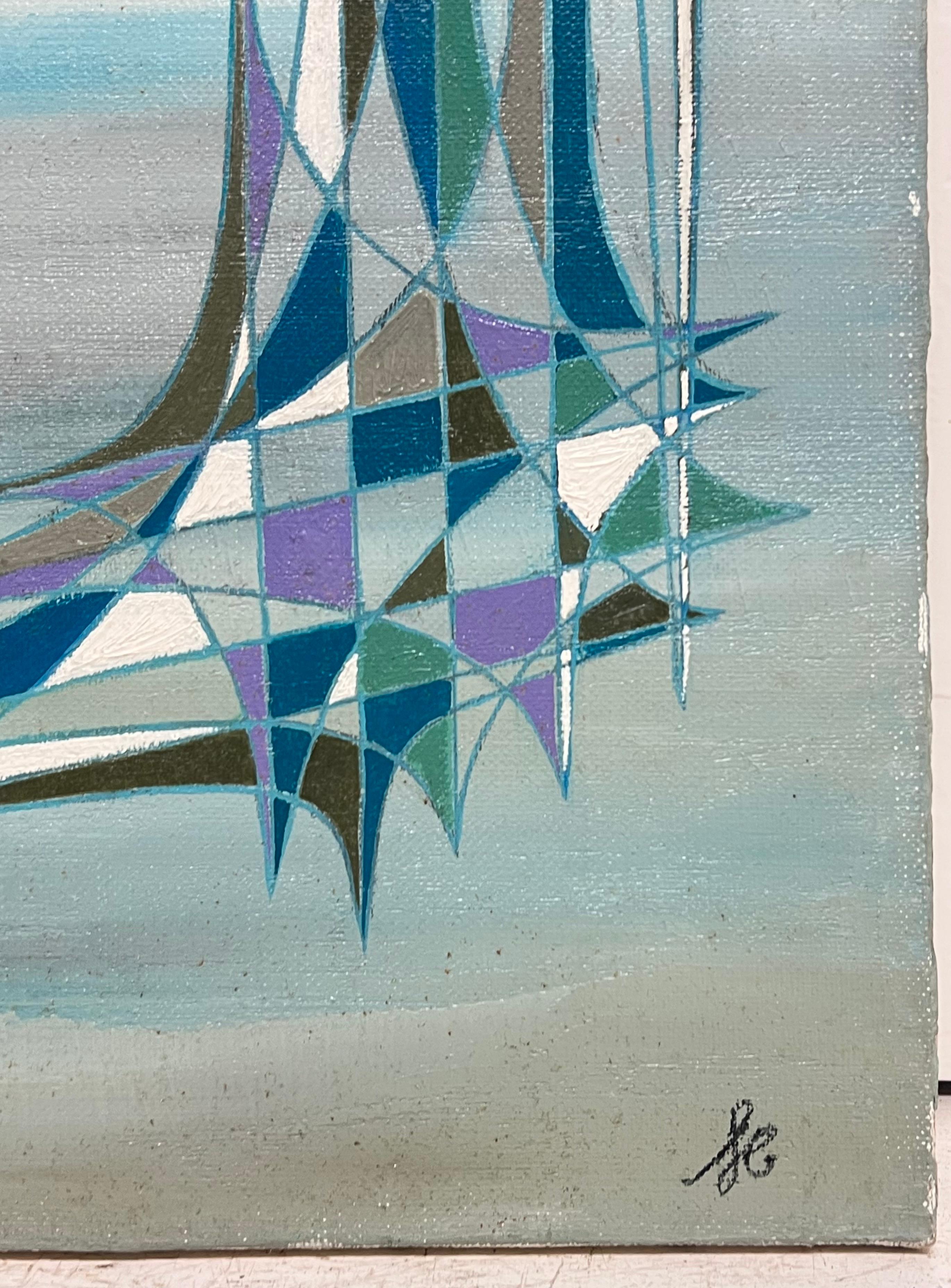 Guglie blu in grigio Composizione astratta geometrica surrealista Pittura ad olio in vendita 1