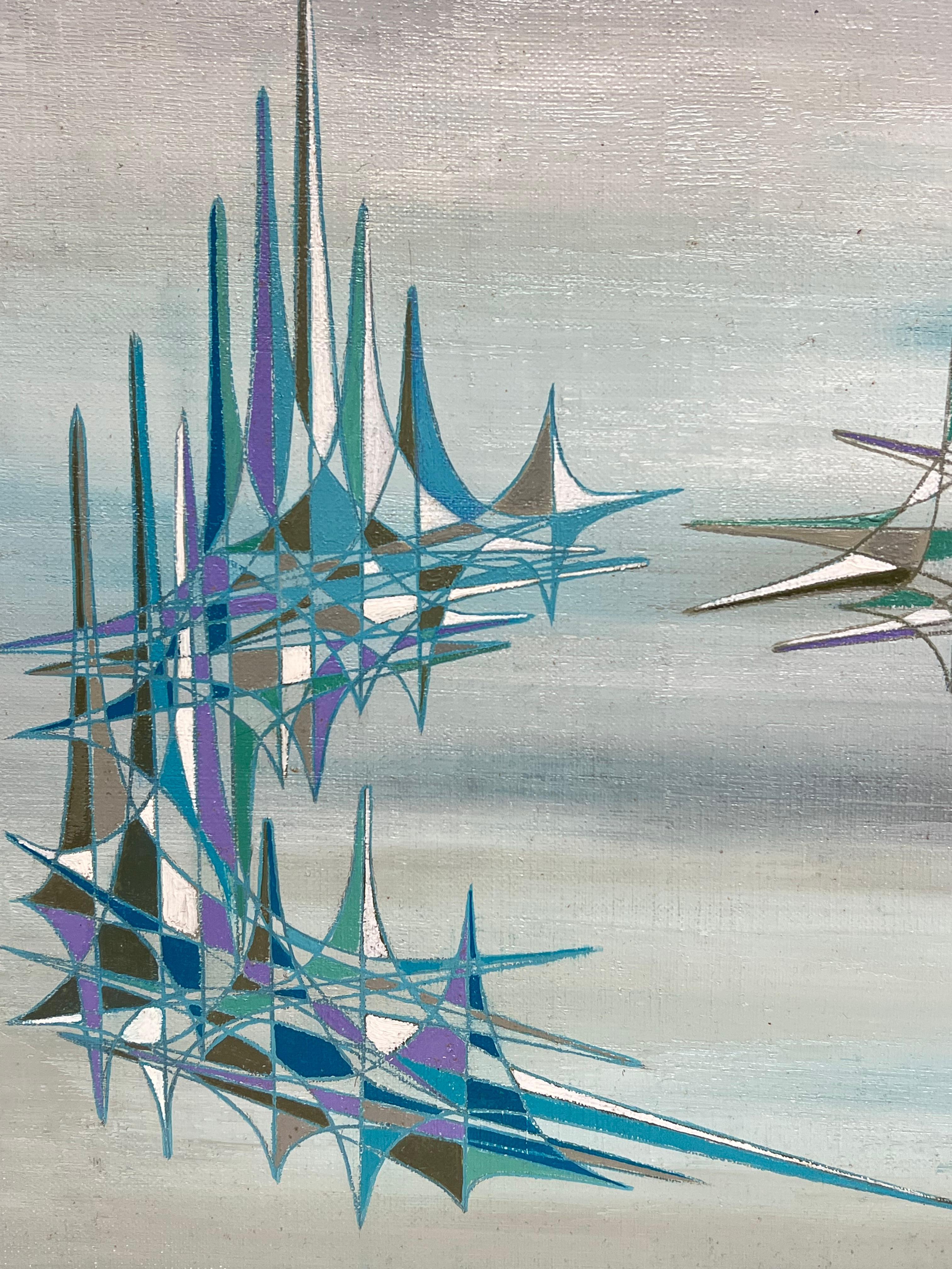 Guglie blu in grigio Composizione astratta geometrica surrealista Pittura ad olio in vendita 2
