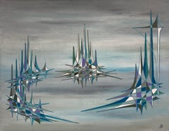 Blue Spires In Grey Geometric Abstract Surrealist Composition Oil Painting