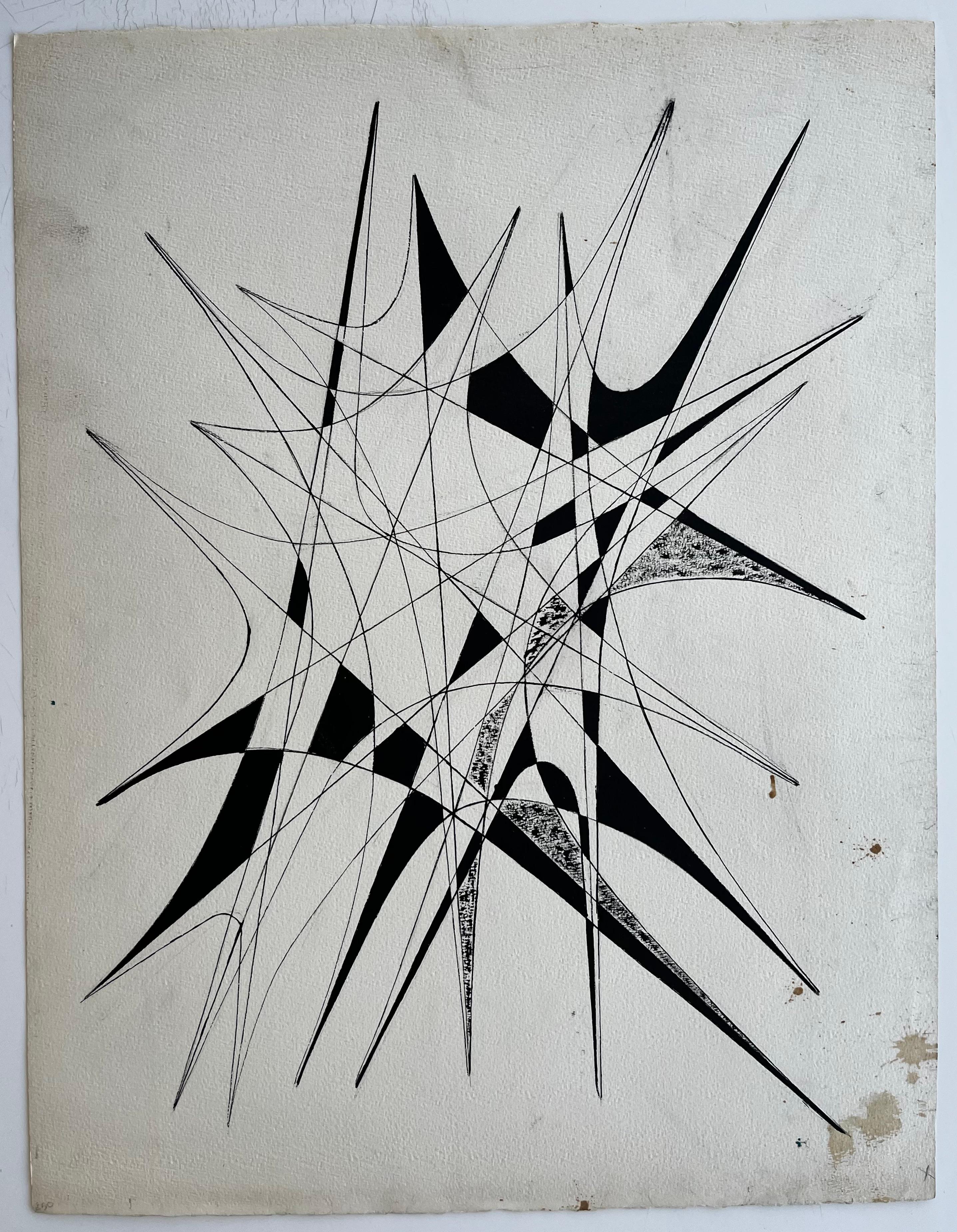 Dynamic Geometric Abstract Ink Drawing by Serge Guerin French b1916 - Painting de Serge Guerin (1916)