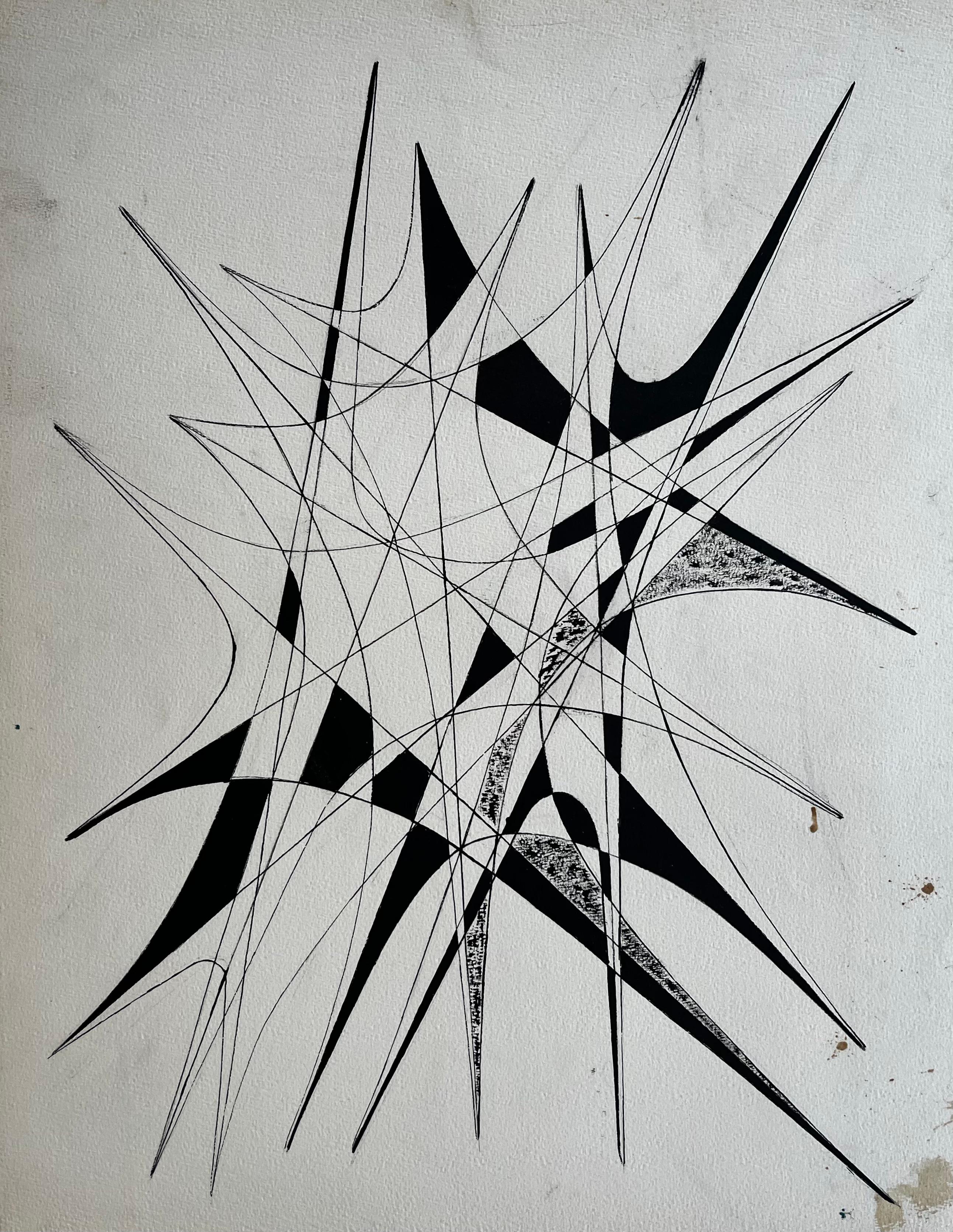 Dynamic Geometric Abstract Ink Drawing by Serge Guerin French b1916