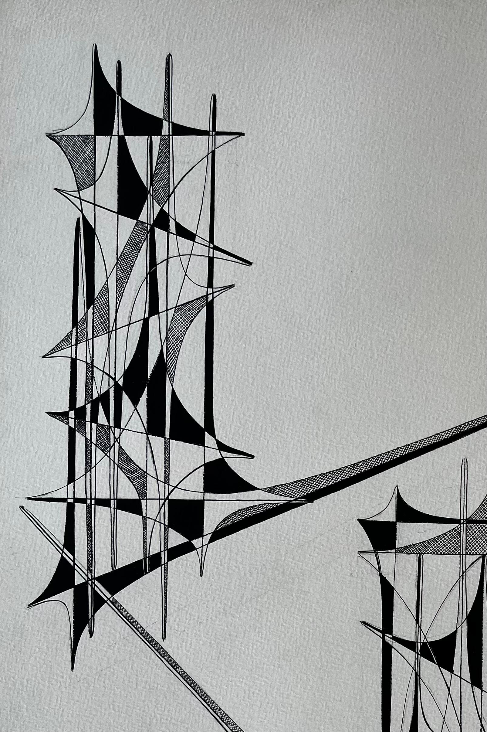 Geometrische Studie in Bewegung 1960er Jahre von Serge Guerin Französisch b1916 (Grau), Abstract Painting, von Serge Guerin (1916)
