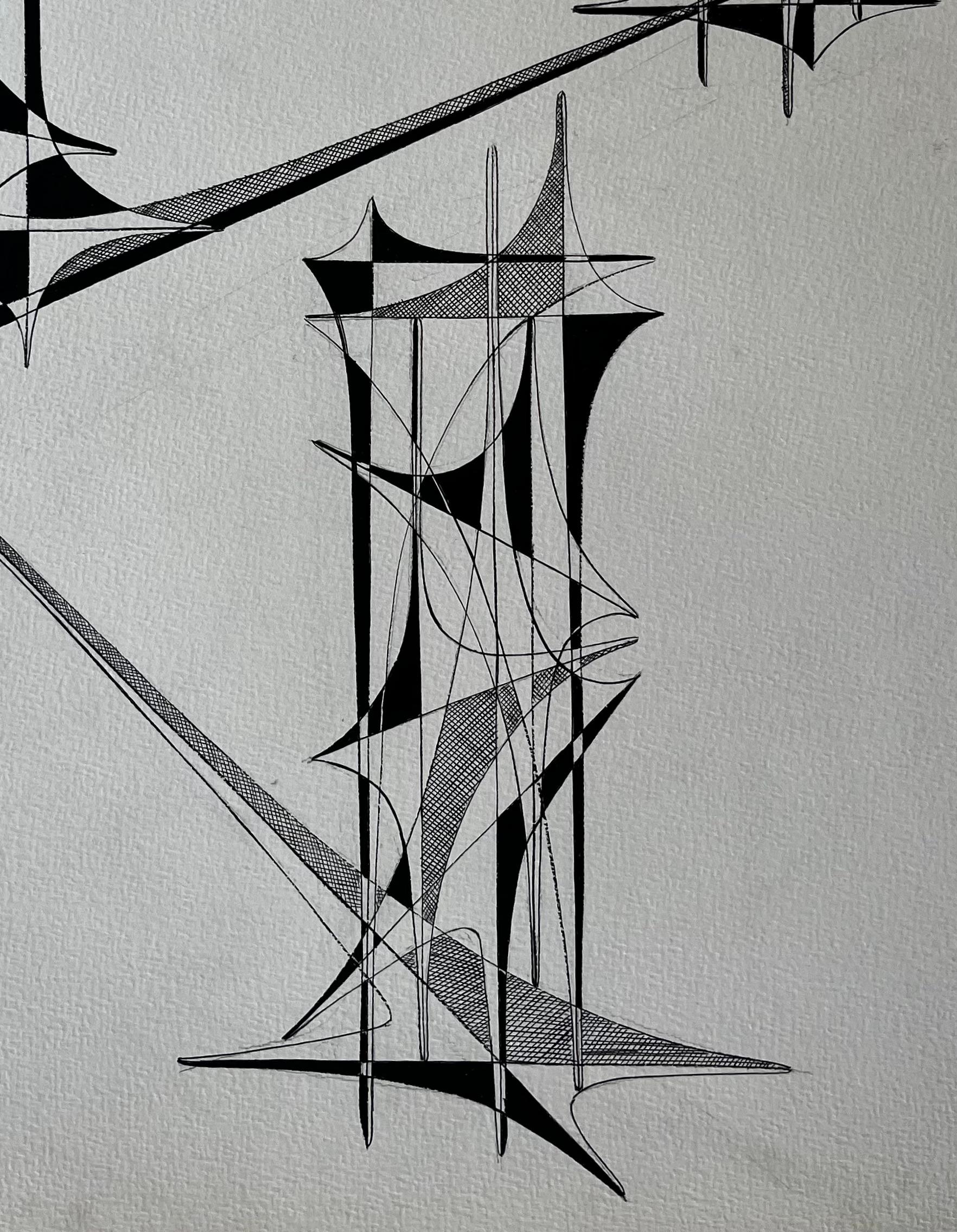 Titel: Geometrische Studie in Bewegung 1960er Jahre von Serge Guerin Französisch b1916
von Serge Guerin (geb. 1916), Franzose
Schwarze Tinte auf Papier, ungerahmt
Größe: 25,75 (Höhe) x 19,75 (Breite) Zoll
Provenienz: Privatsammlung, Paris,