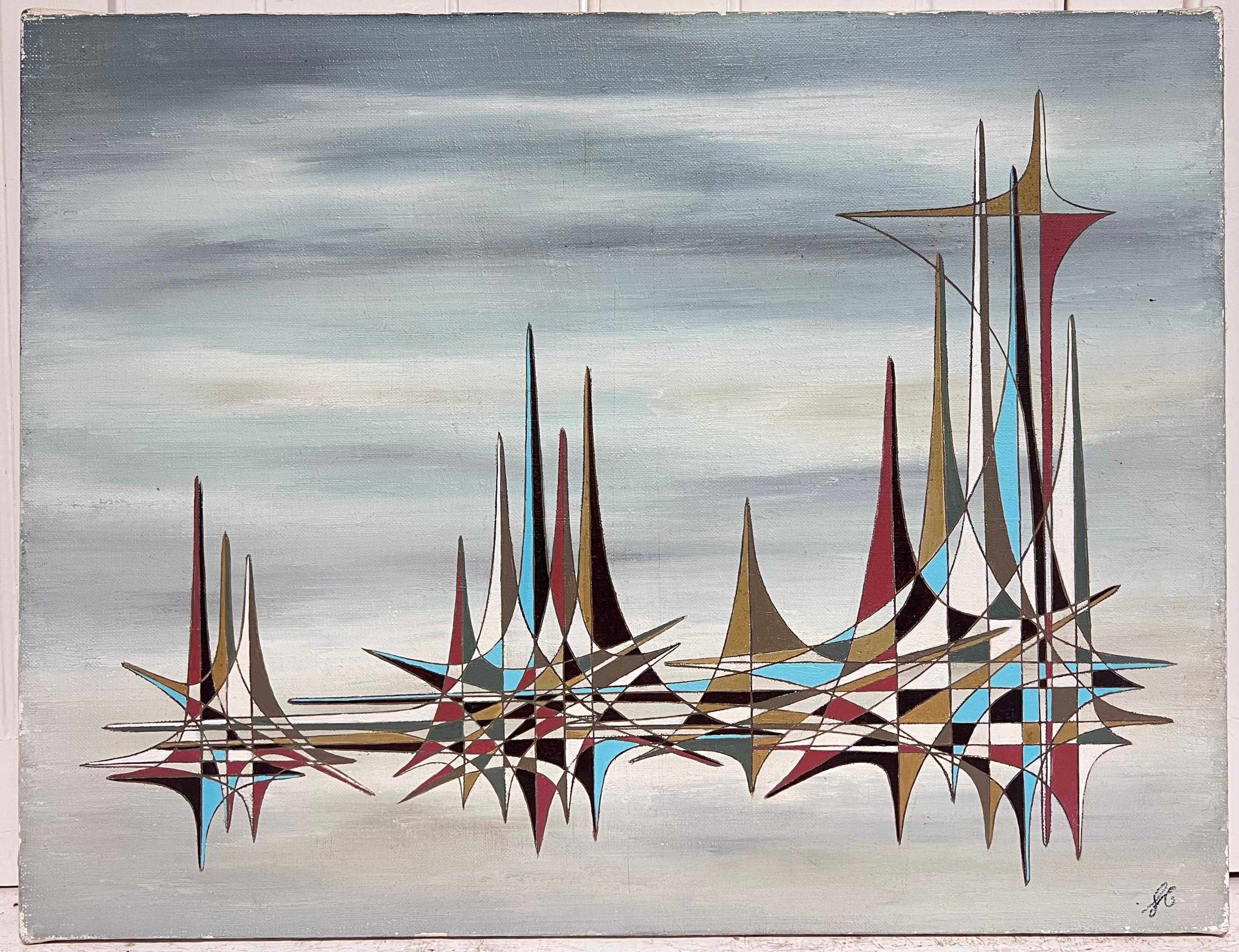 Abstraktes surrealistisches Ölgemälde in Grau, Französisch, farbenfrohe, geometrische Spiralen, abstrakt – Painting von Serge Guerin (1916)