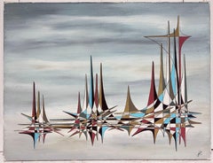 Grey French Colourful Geometric Spires Abstract Surrealist Oil Painting